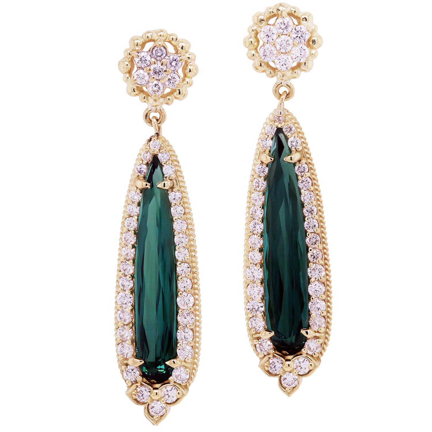 Pearshape Green Tourmaline Yellow Gold and Diamond Drop Earrings Stambolian In New Condition In Boca Raton, FL