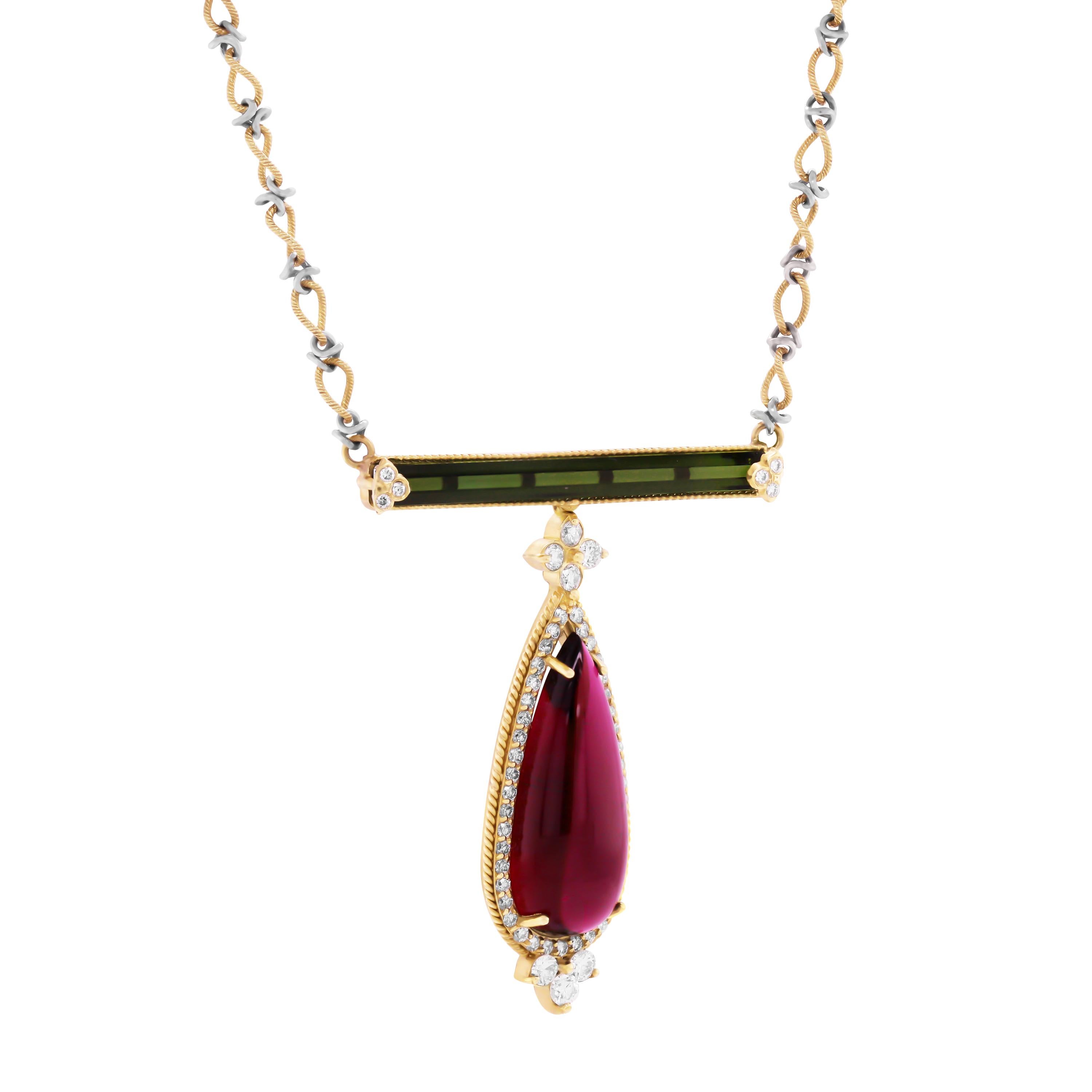 Pear Cut Pearshape Rubelite and Green Tourmaline Pendant with Diamonds Stambolian