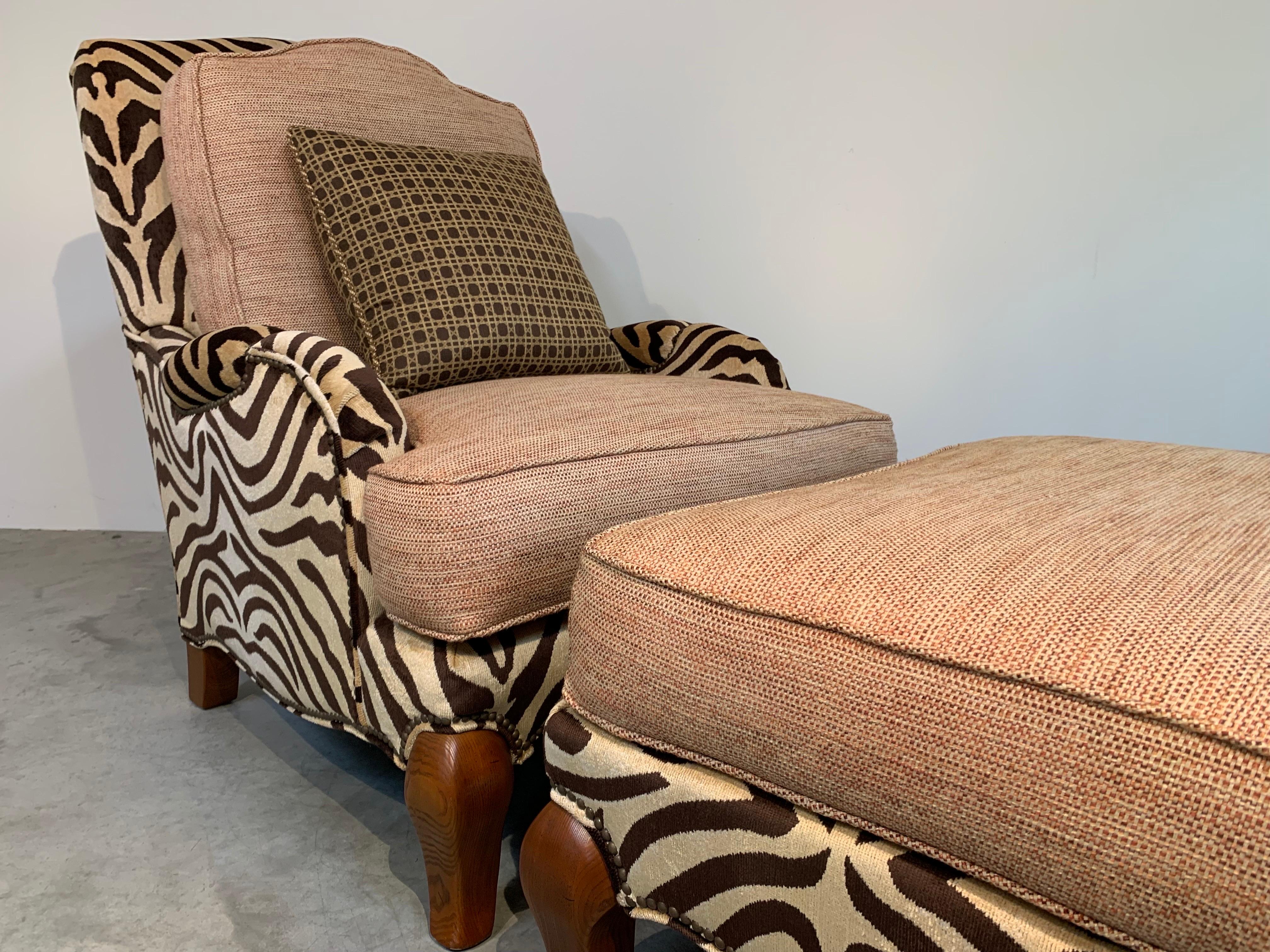 Stunning Pearson custom safari Bergere style lounge chair & ottoman having plush zebra pattern upholstery with waterfowl feather and duck down cushions combined with dense foam for firm yet soft comfort. Sculpted Bergere style solid maple legs