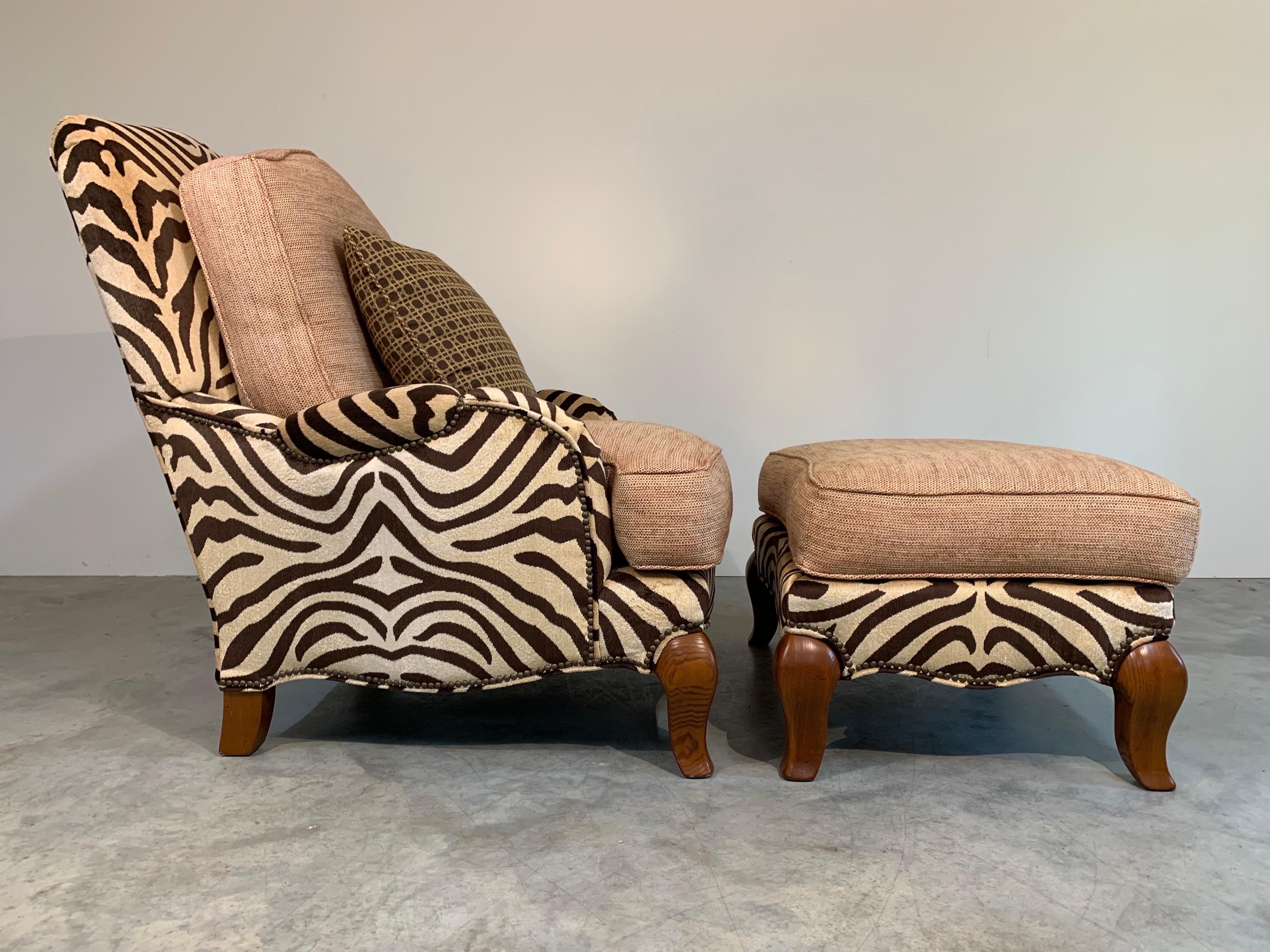 Hollywood Regency Jeff Zimmerman Style Custom Safari Zebra Bergere Lounge Chair & Ottoman -Pearson