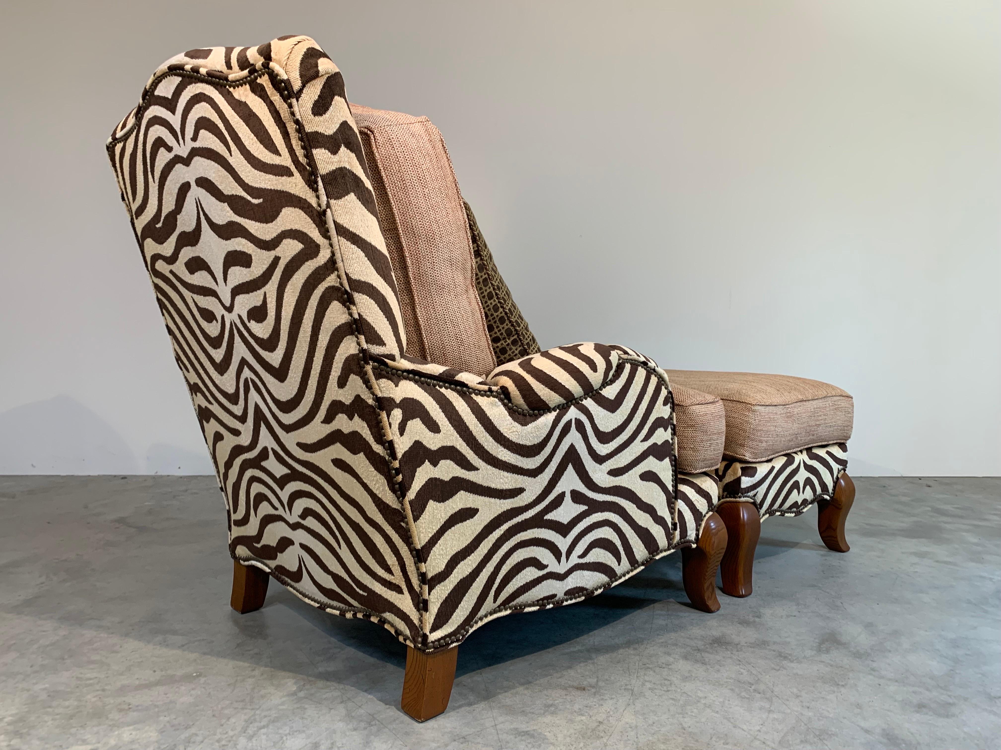 American Jeff Zimmerman Style Custom Safari Zebra Bergere Lounge Chair & Ottoman -Pearson
