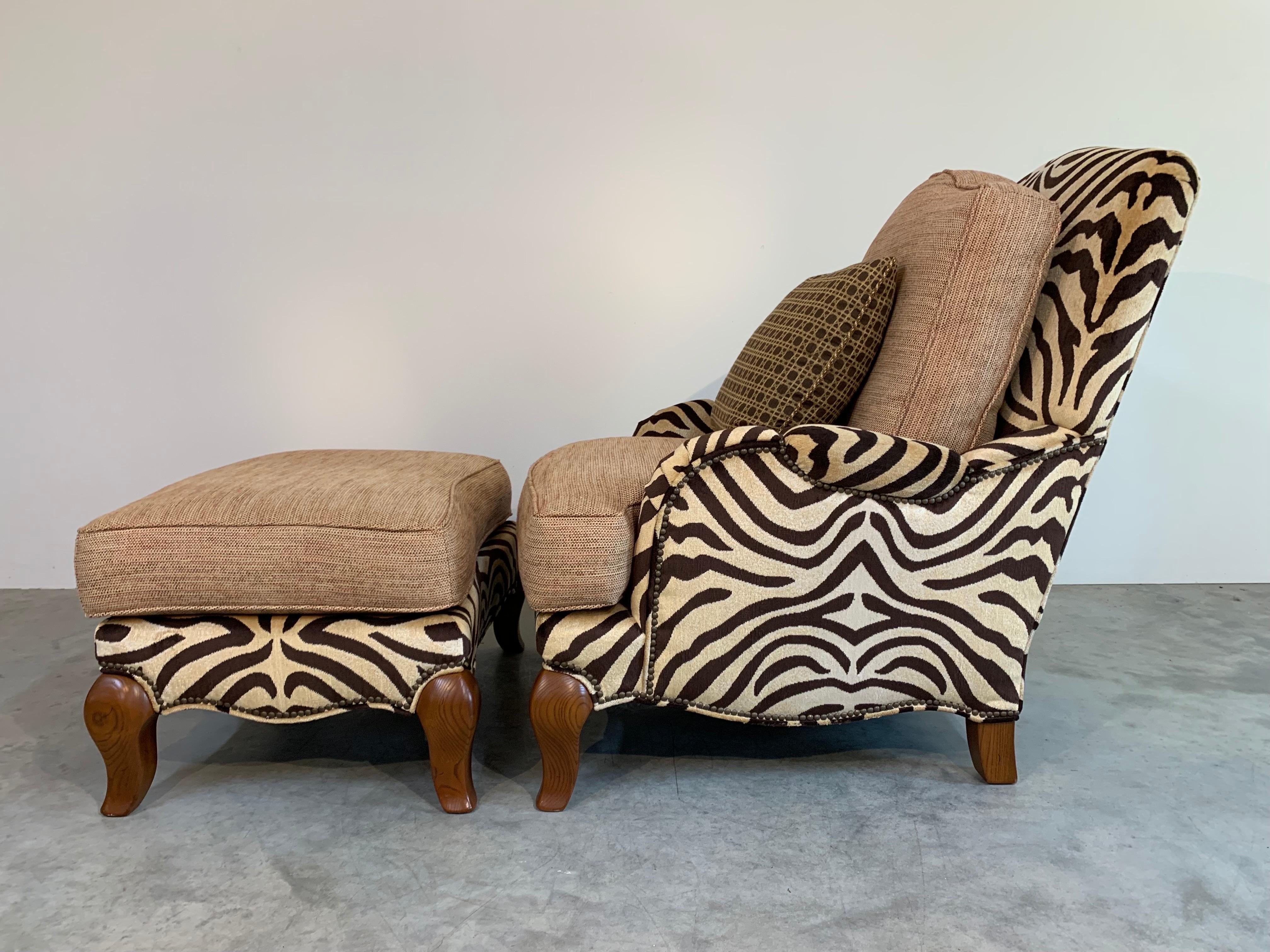 Carved Jeff Zimmerman Style Custom Safari Zebra Bergere Lounge Chair & Ottoman -Pearson