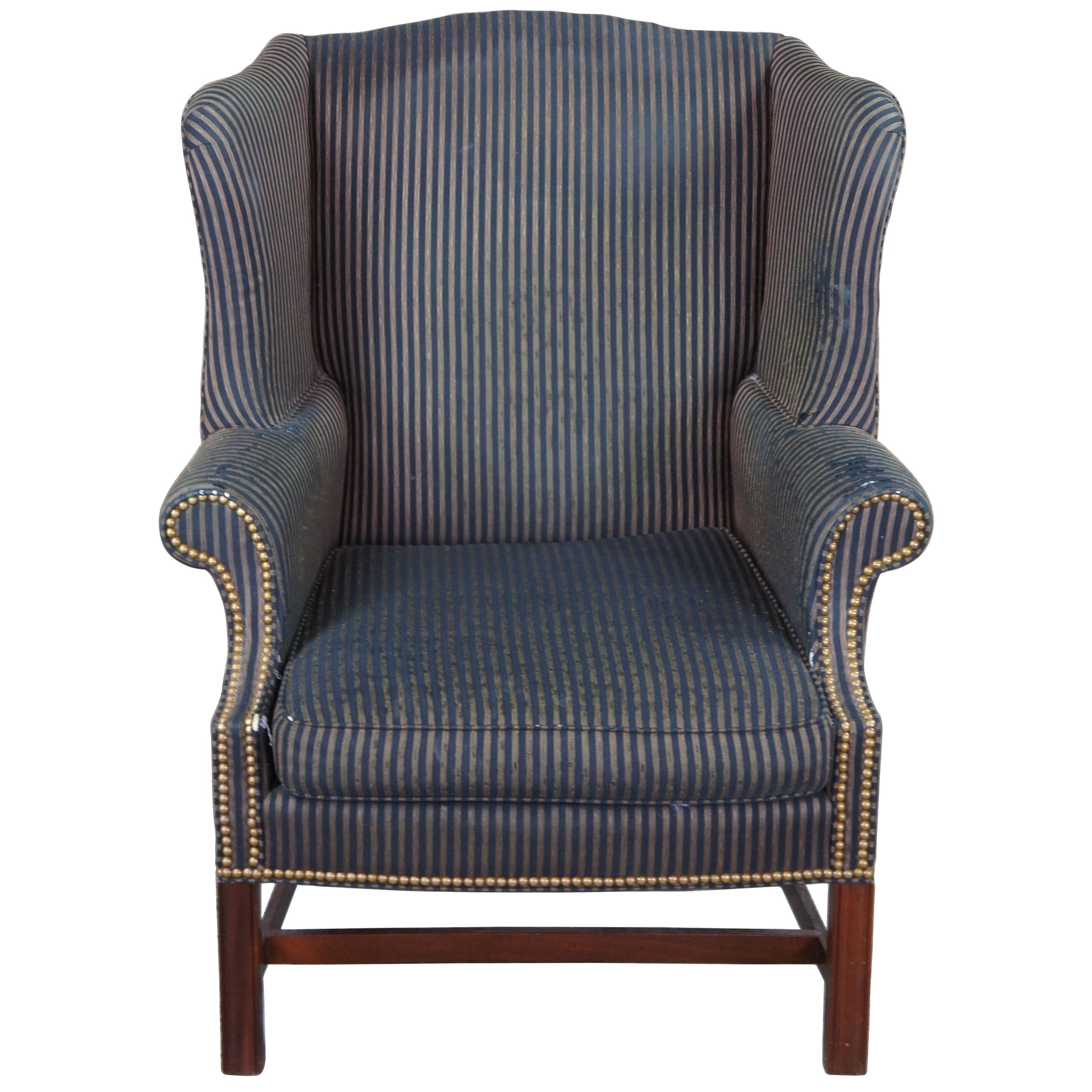 Pearson George III Chippendale Mahogany Striped Wingback Library Club Arm Chair