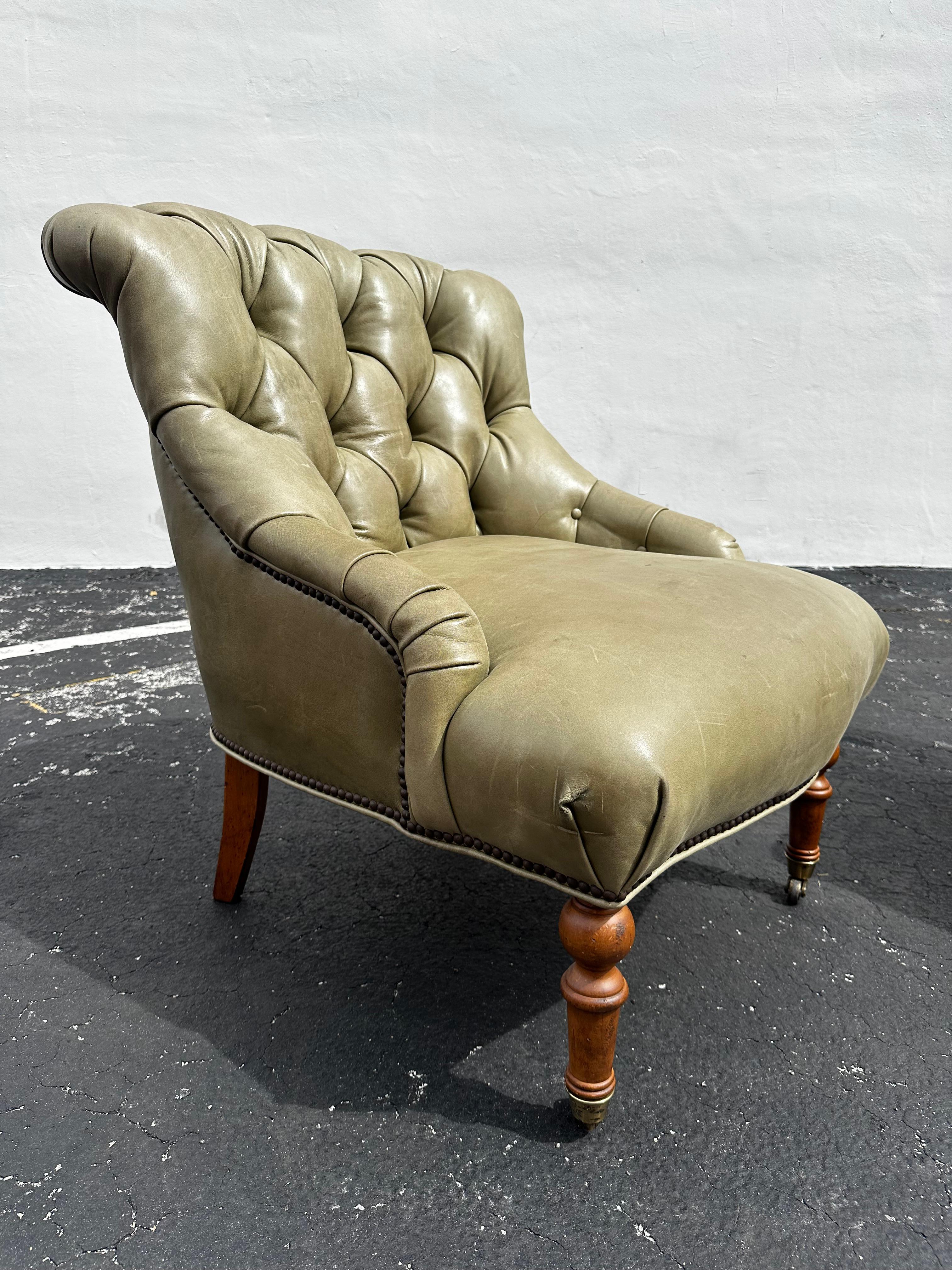 Pearson Ralph Lauren English Style Green Leather Library Chairs, Set of 2 For Sale 3