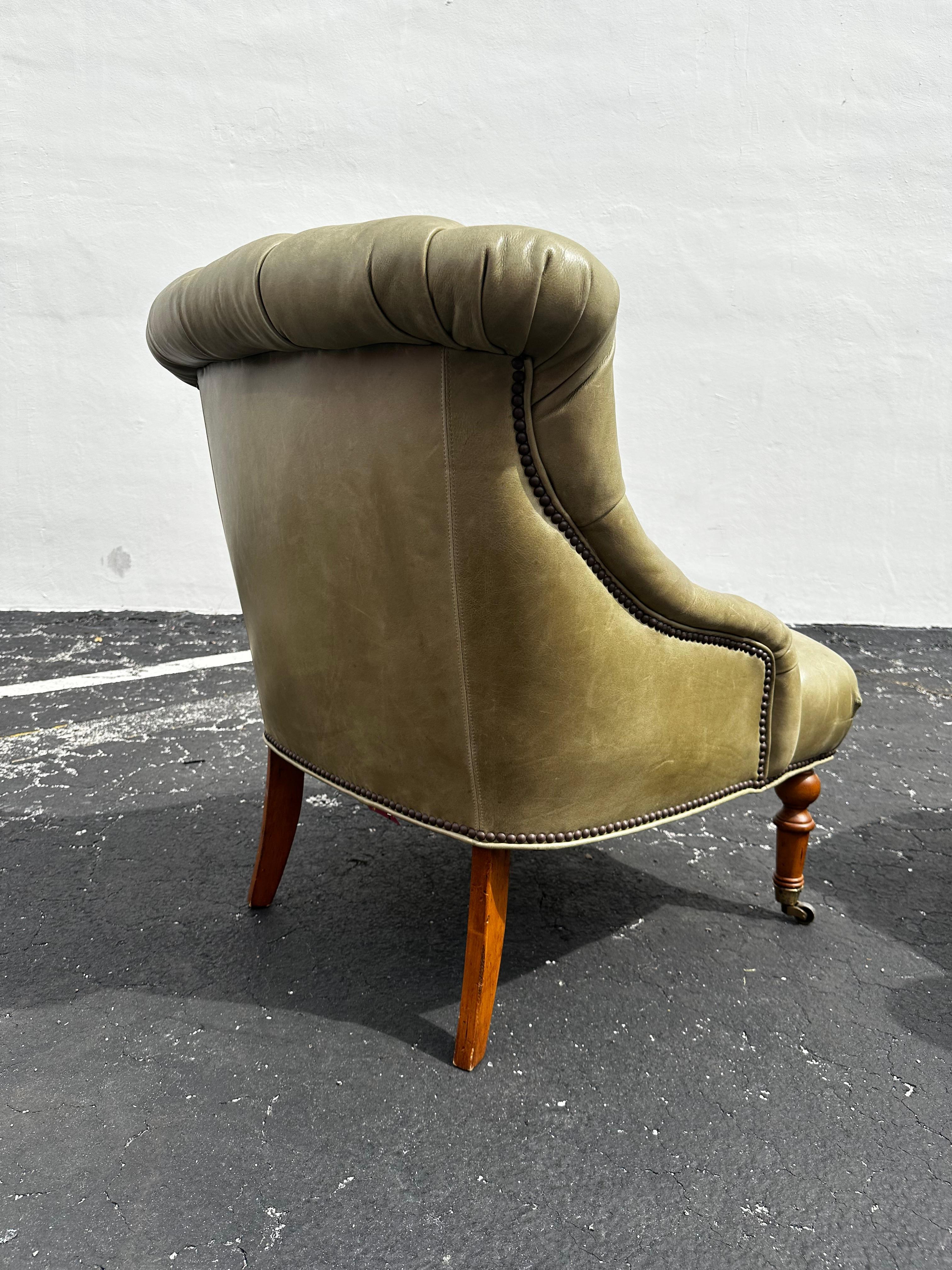 Pearson Ralph Lauren English Style Green Leather Library Chairs, Set of 2 For Sale 4