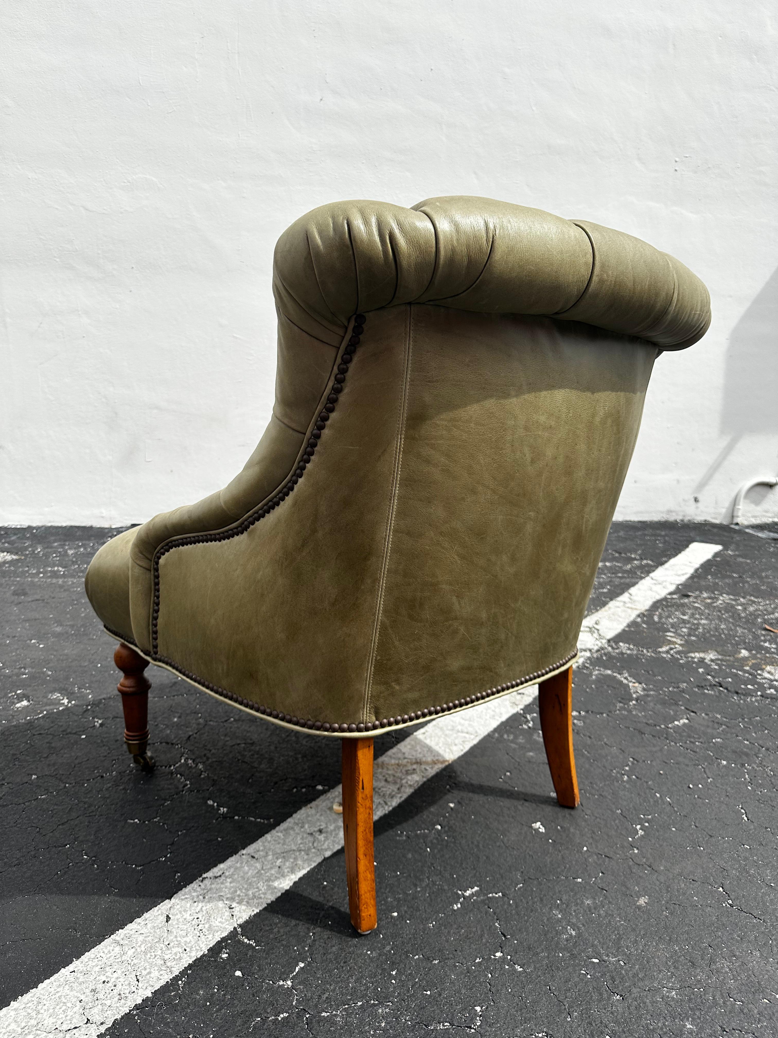 Pearson Ralph Lauren English Style Green Leather Library Chairs, Set of 2 For Sale 5