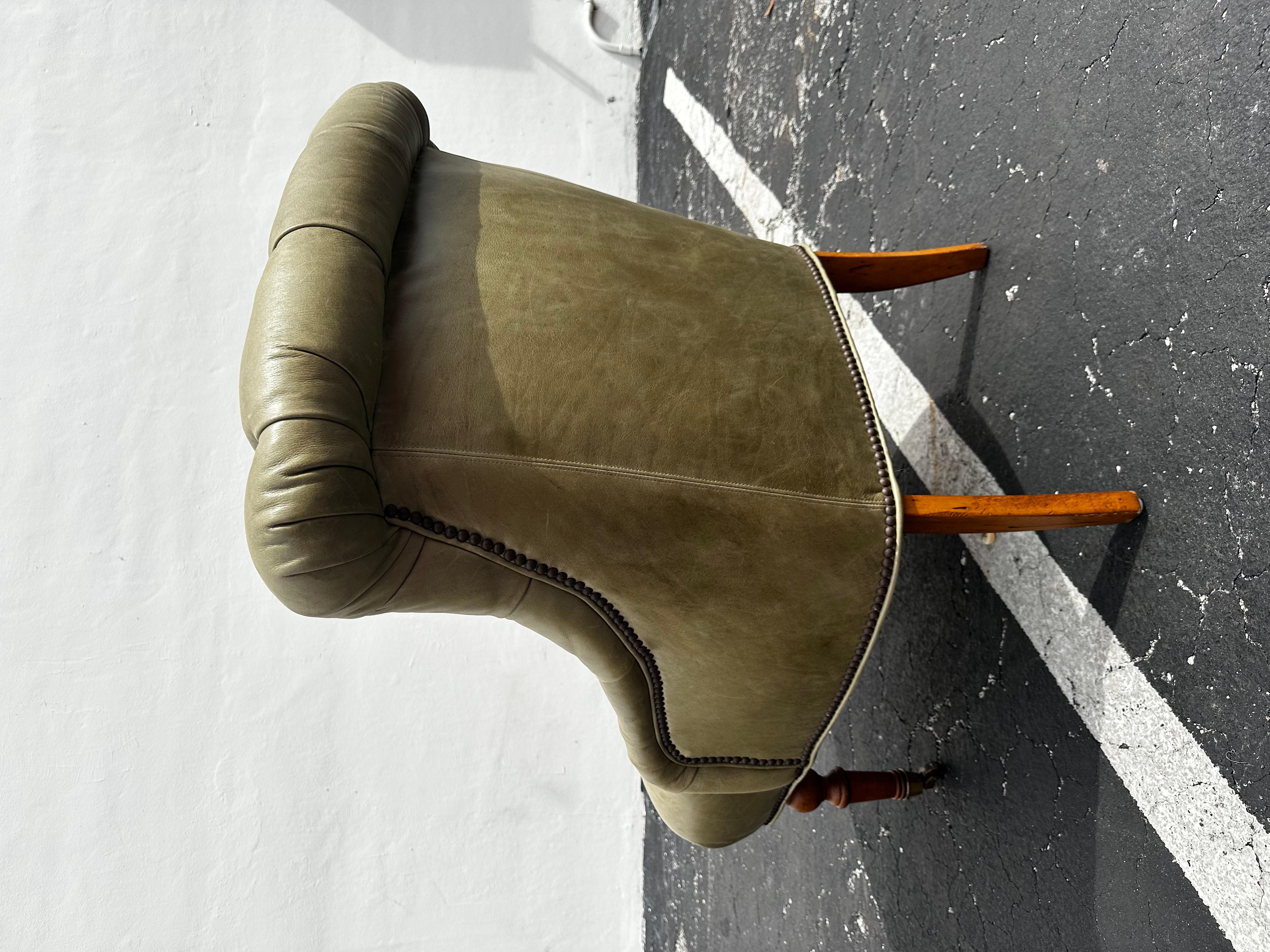 Pearson Green Tufted Leather Library Chairs on Castors, Set of 2 For Sale 5