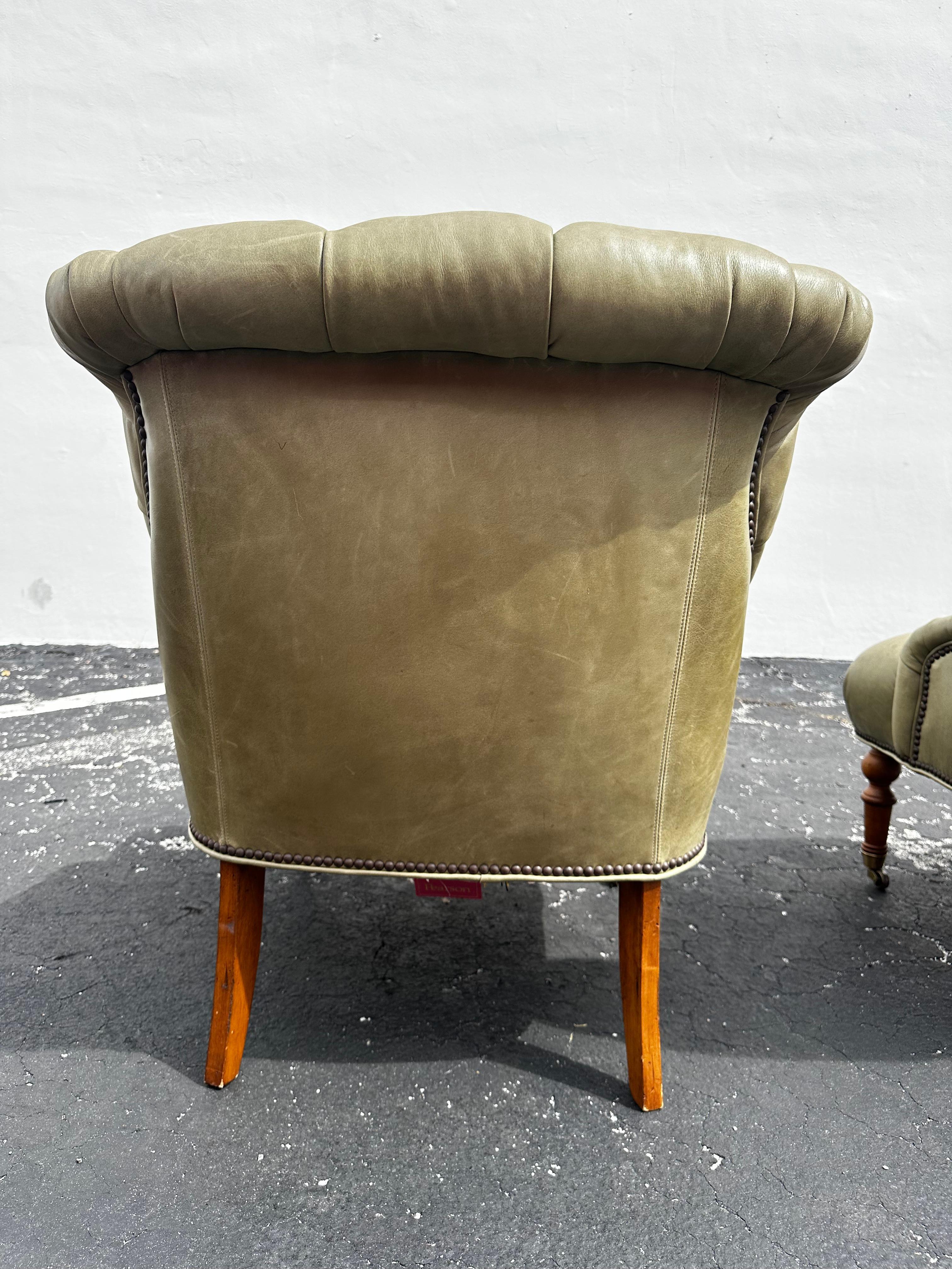 Pearson Ralph Lauren English Style Green Leather Library Chairs, Set of 2 For Sale 6