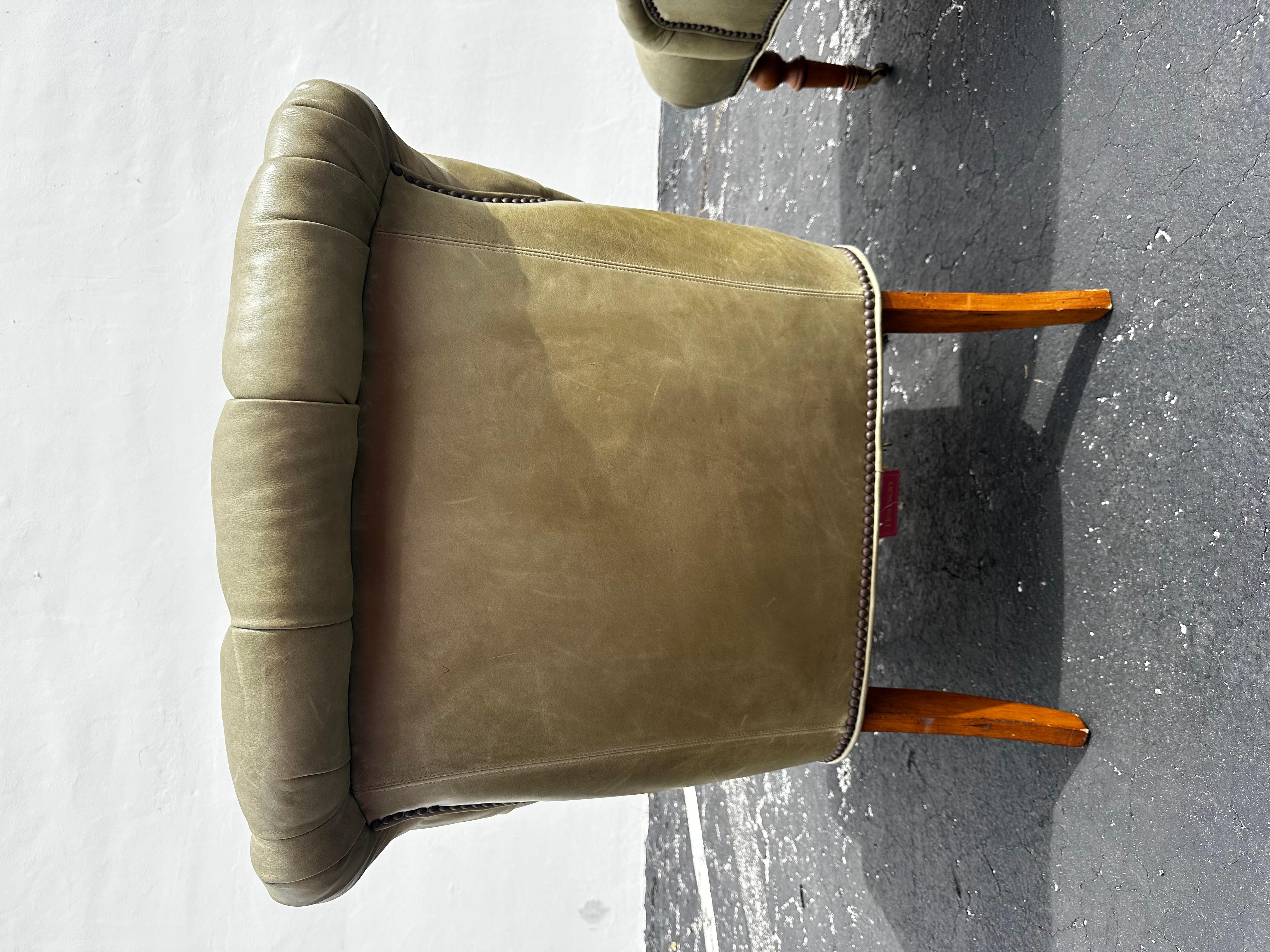 Pearson Green Tufted Leather Library Chairs on Castors, Set of 2 For Sale 6