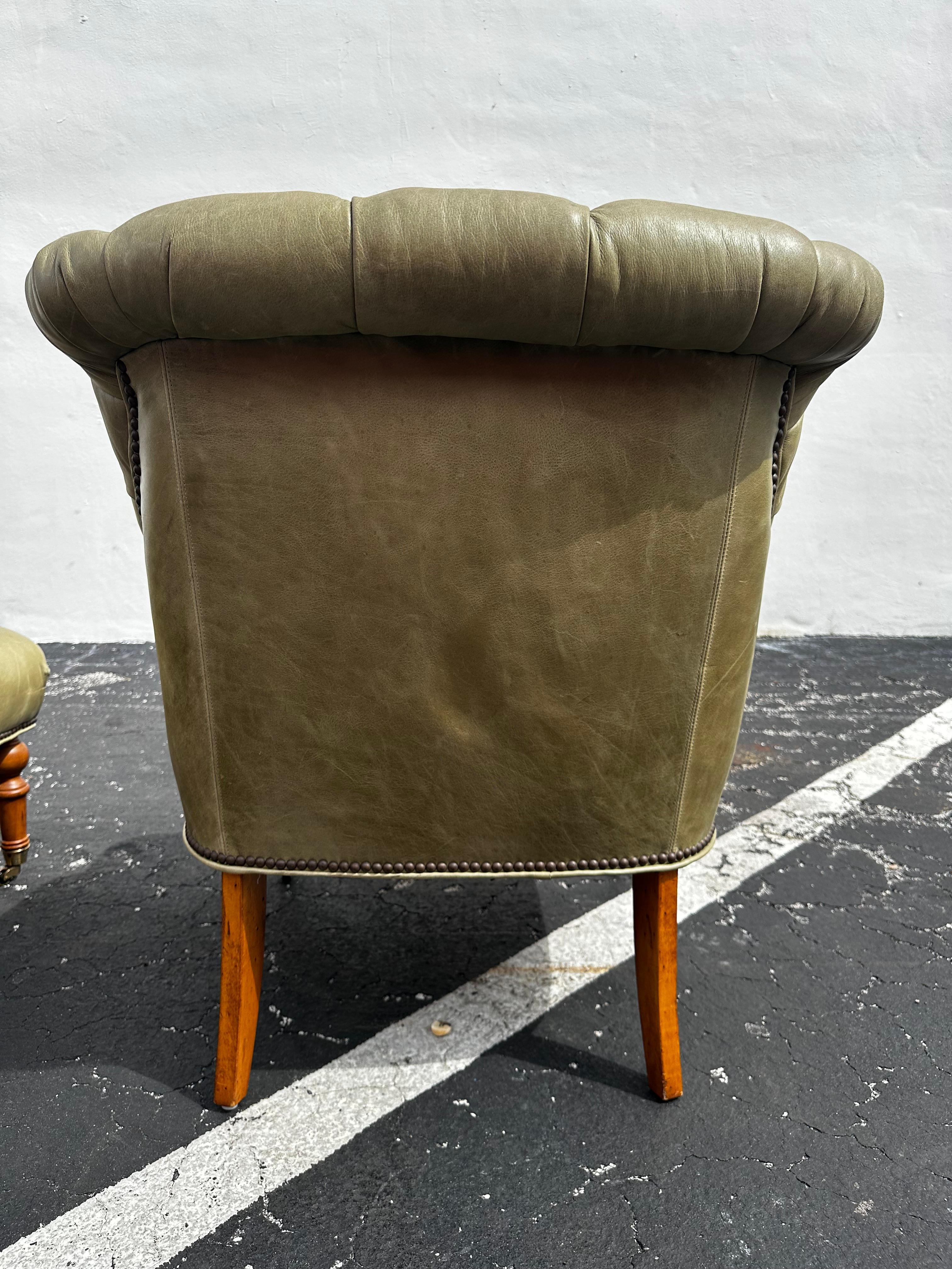 Pearson Ralph Lauren English Style Green Leather Library Chairs, Set of 2 For Sale 7