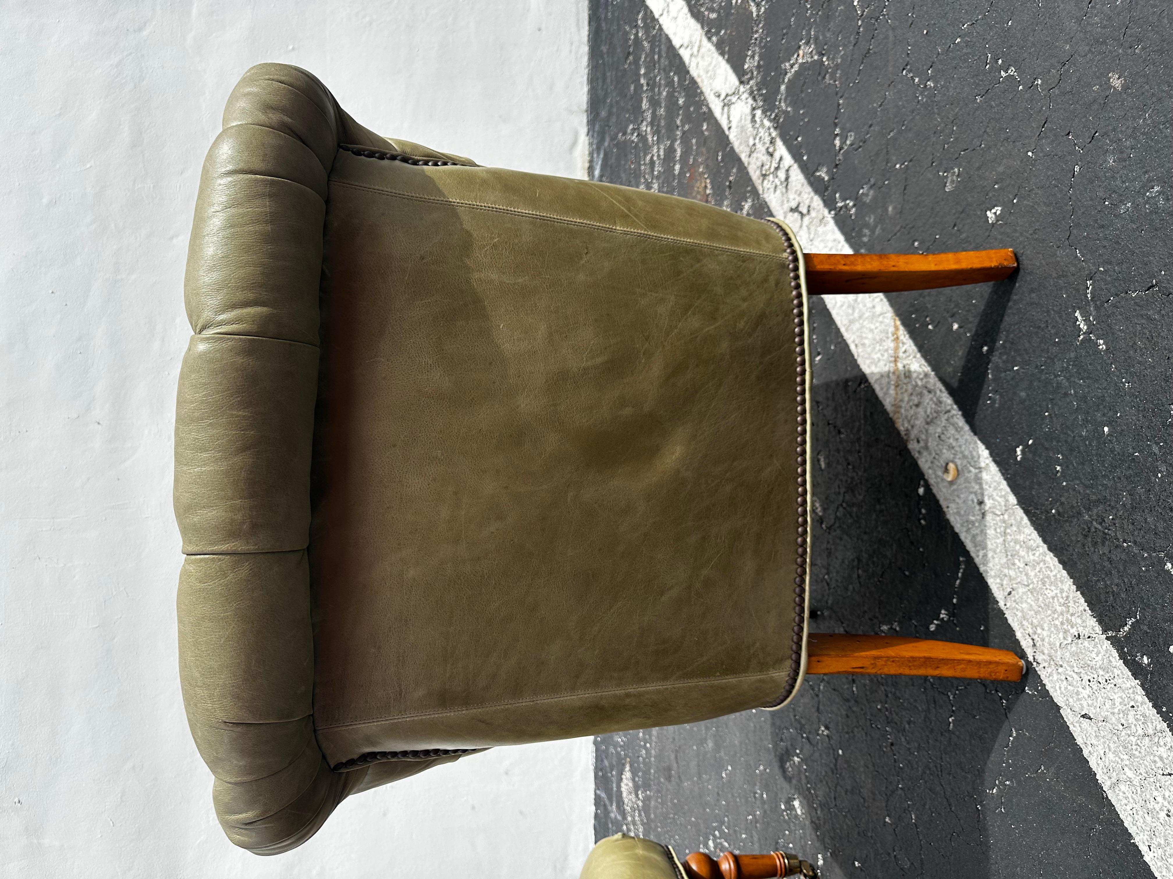 Pearson Green Tufted Leather Library Chairs on Castors, Set of 2 For Sale 7
