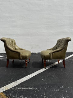 Pearson Ralph Lauren English Style Green Leather Library Chairs, Set of 2