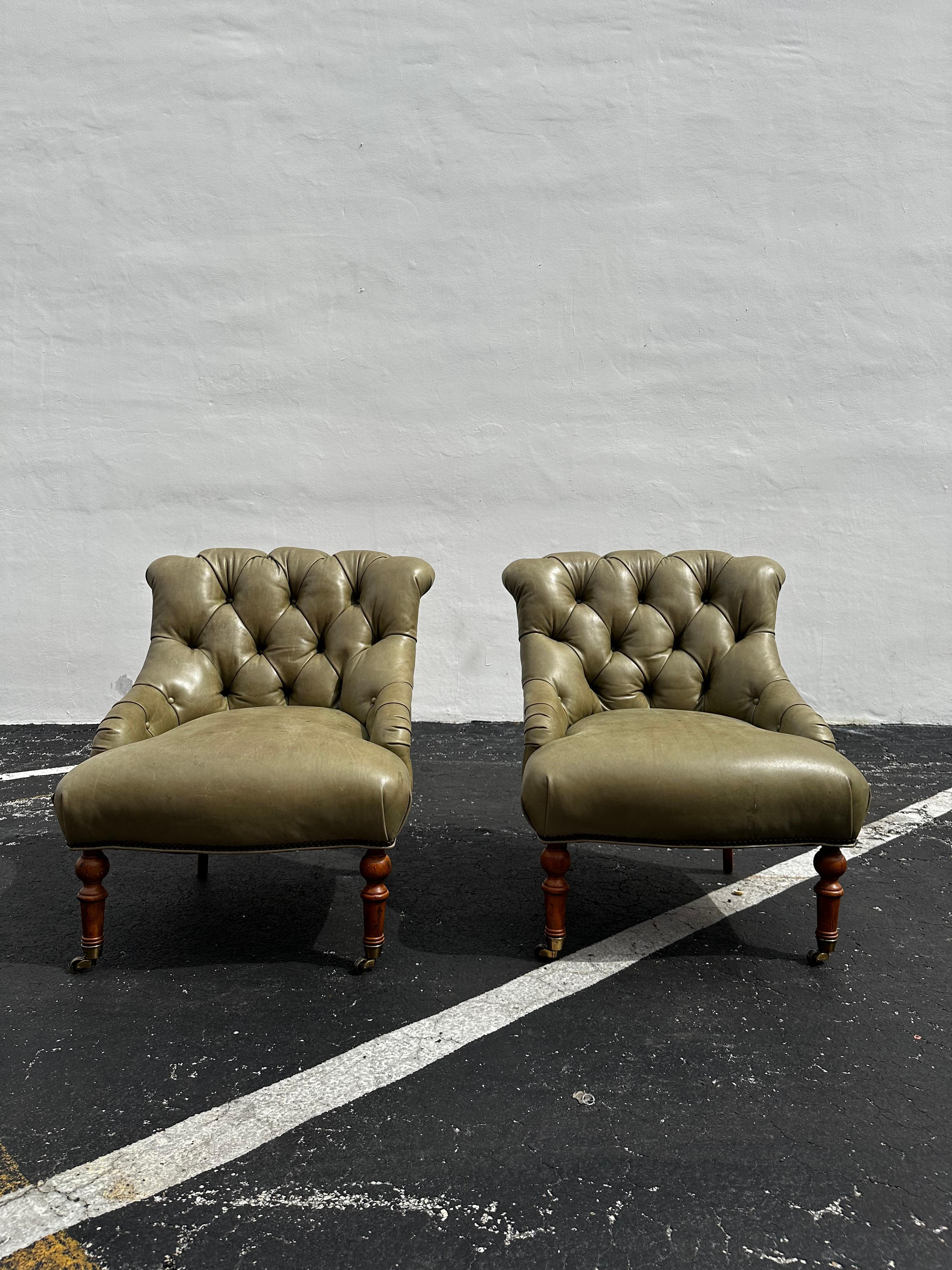 Art Deco Pearson Ralph Lauren English Style Green Leather Library Chairs, Set of 2 For Sale