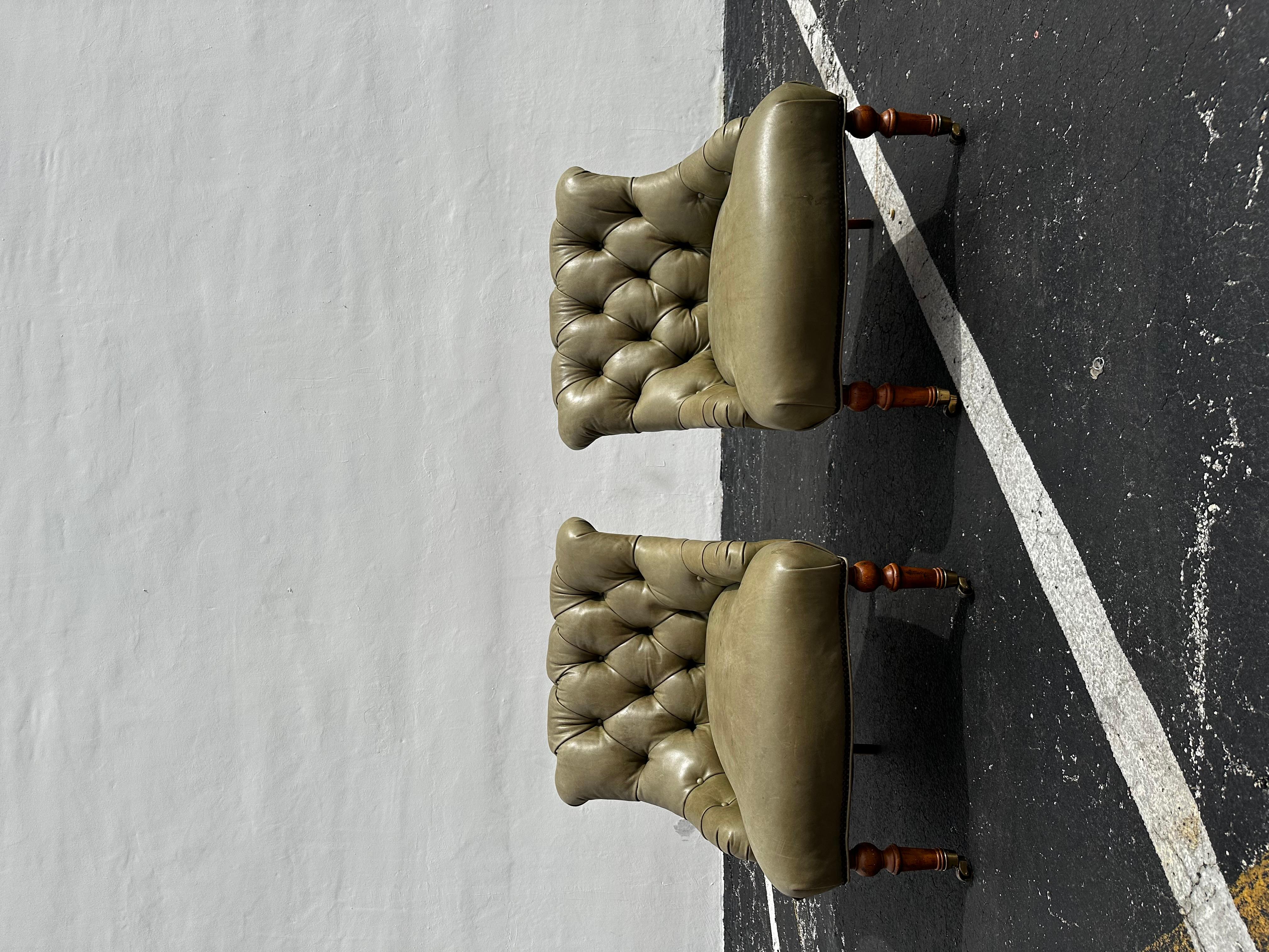 Art Deco Pearson Green Tufted Leather Library Chairs on Castors, Set of 2 For Sale
