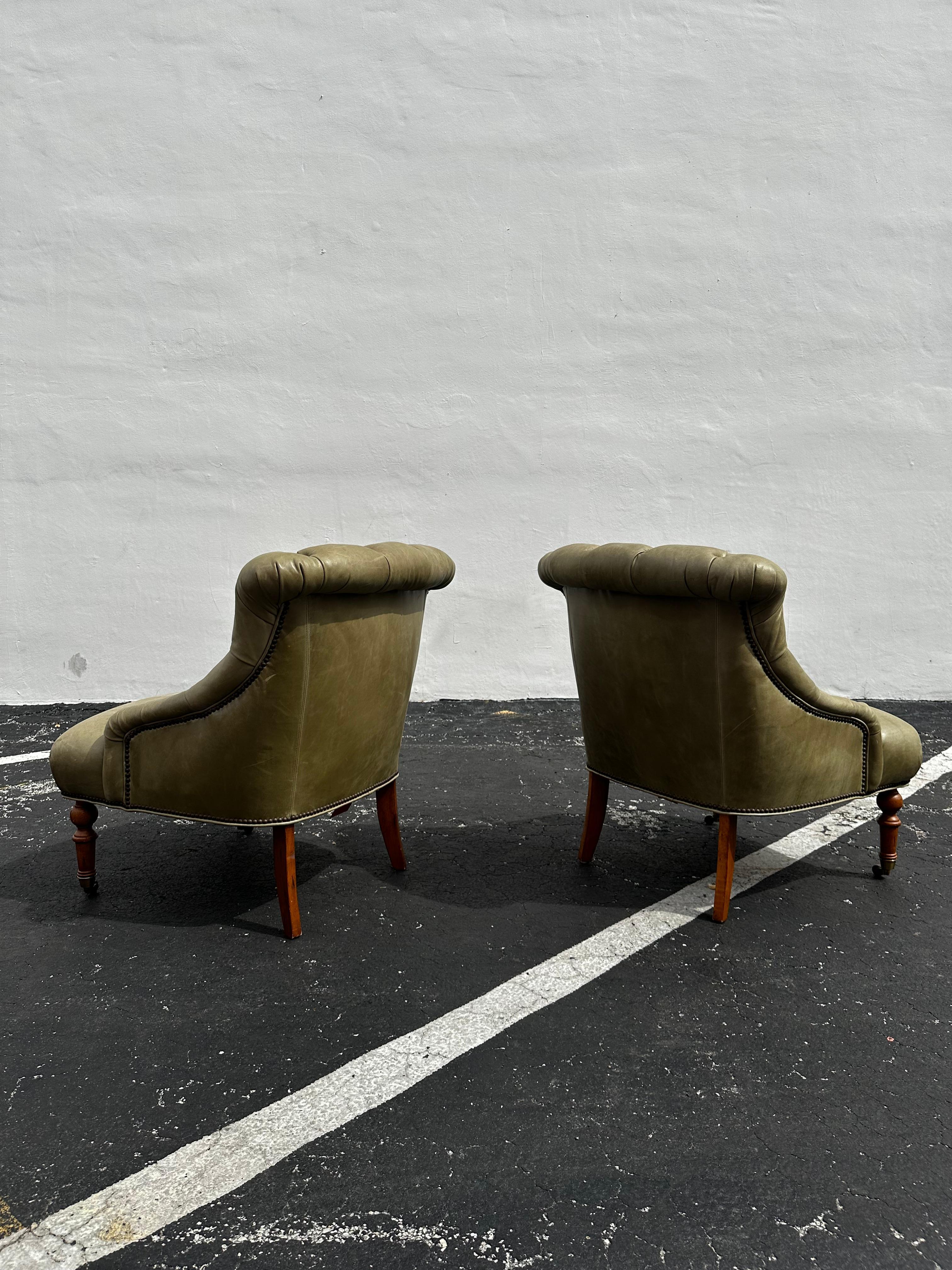 American Pearson Ralph Lauren English Style Green Leather Library Chairs, Set of 2 For Sale
