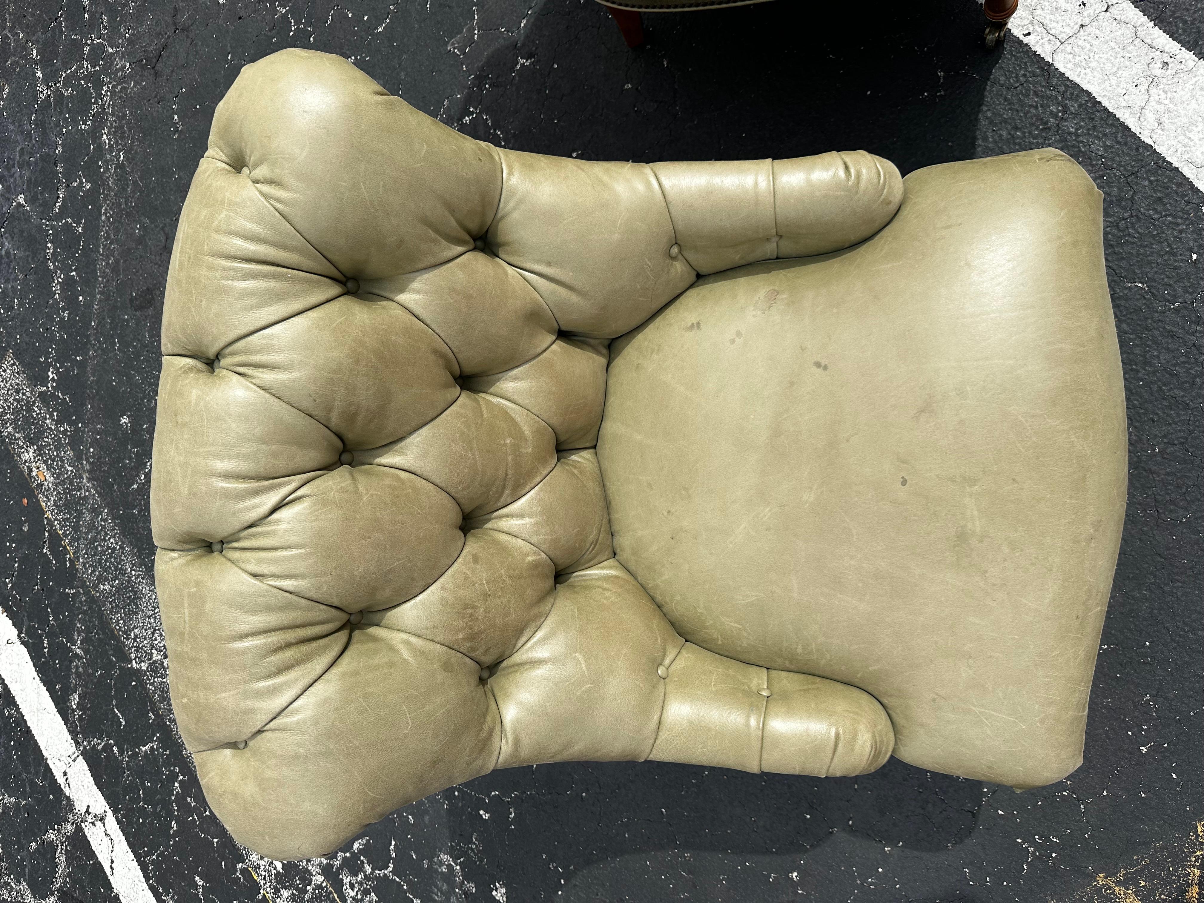 Late 20th Century Pearson Green Tufted Leather Library Chairs on Castors, Set of 2 For Sale