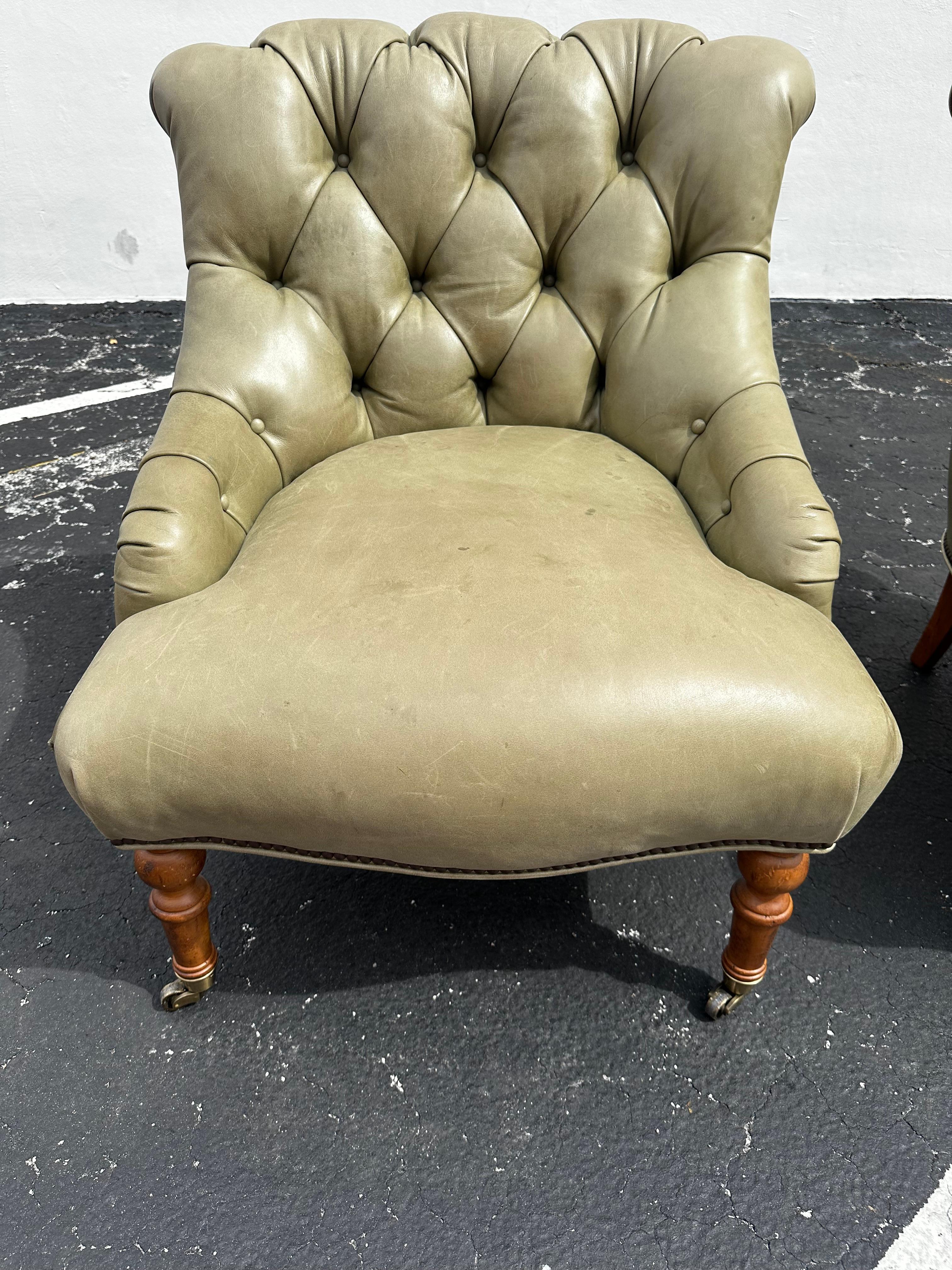 Brass Pearson Ralph Lauren English Style Green Leather Library Chairs, Set of 2 For Sale