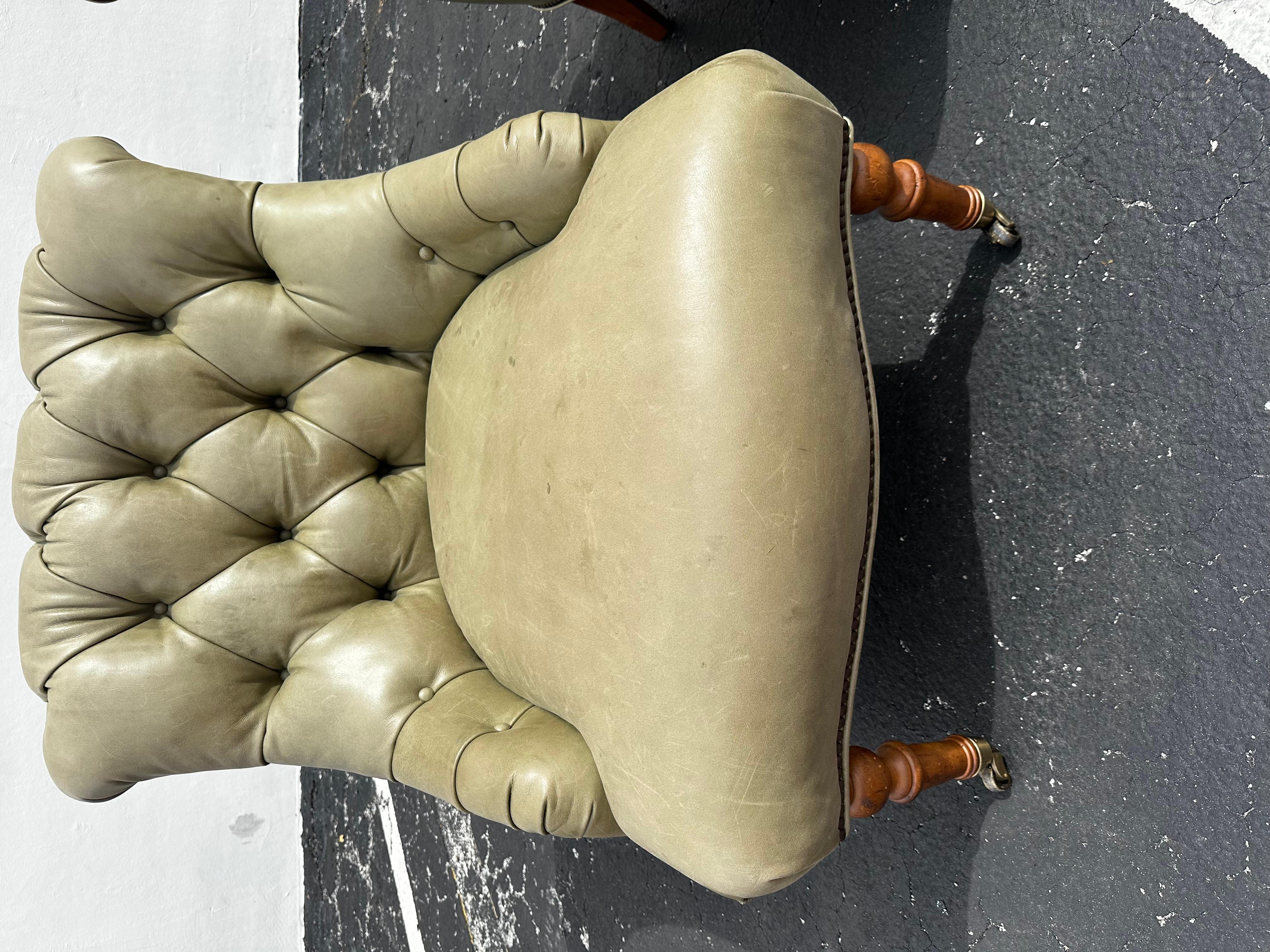 Brass Pearson Green Tufted Leather Library Chairs on Castors, Set of 2 For Sale