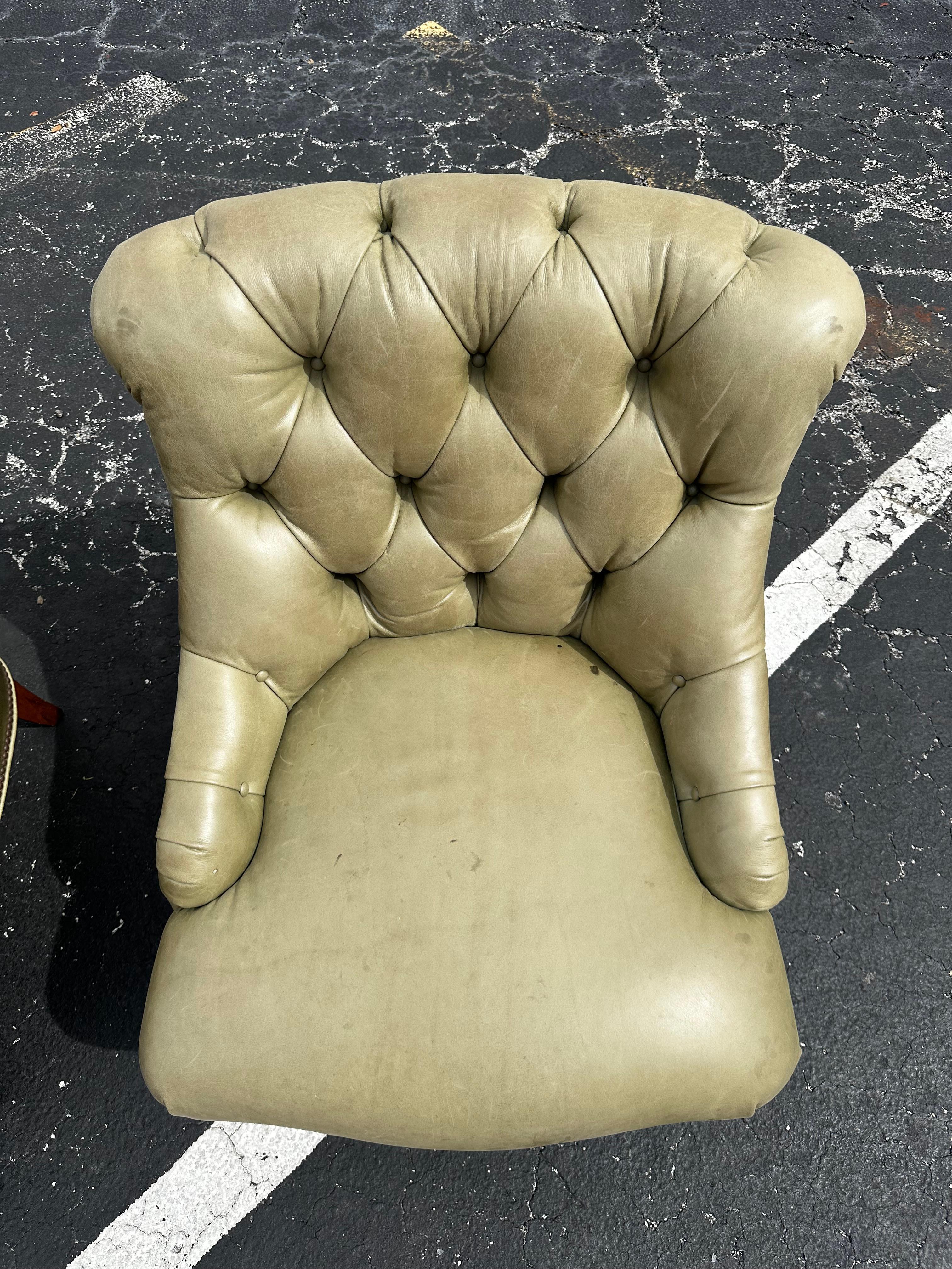 Pearson Ralph Lauren English Style Green Leather Library Chairs, Set of 2 For Sale 1