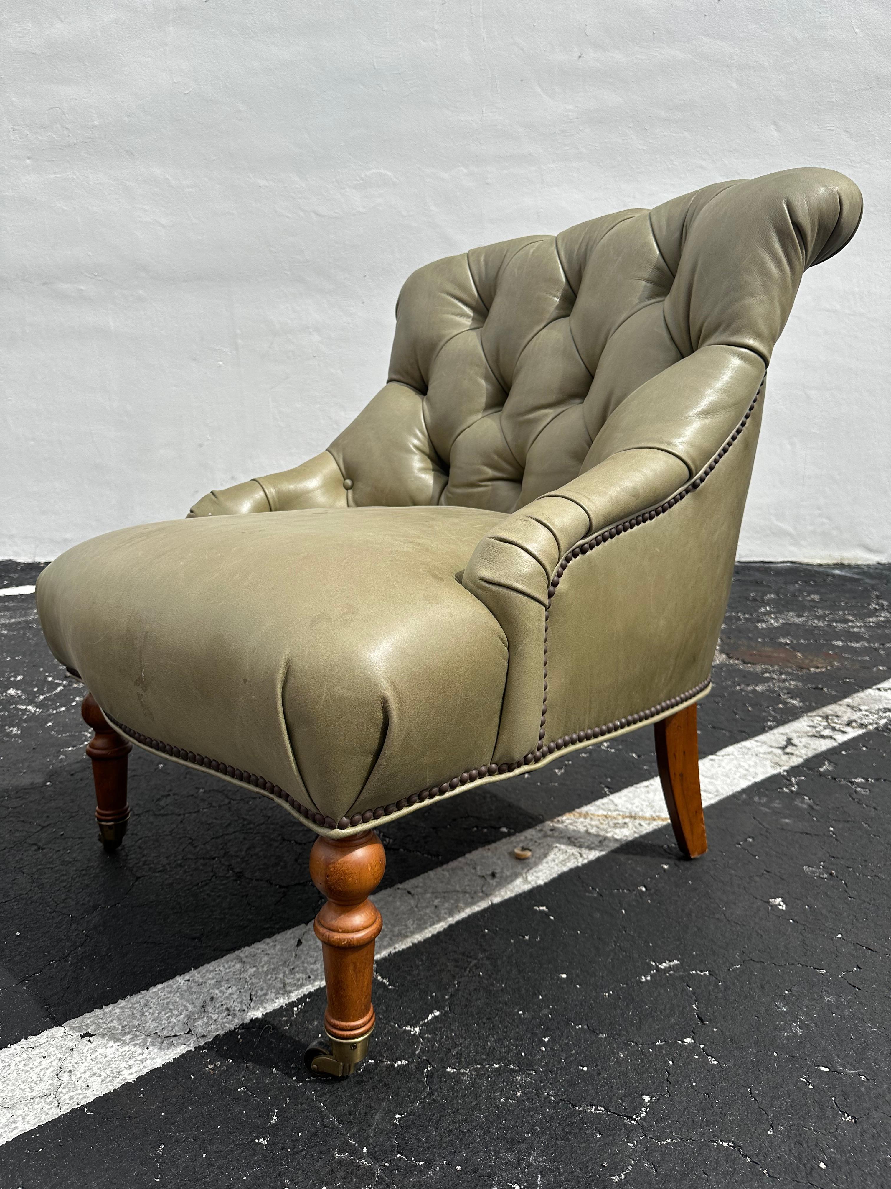 Pearson Ralph Lauren English Style Green Leather Library Chairs, Set of 2 For Sale 2