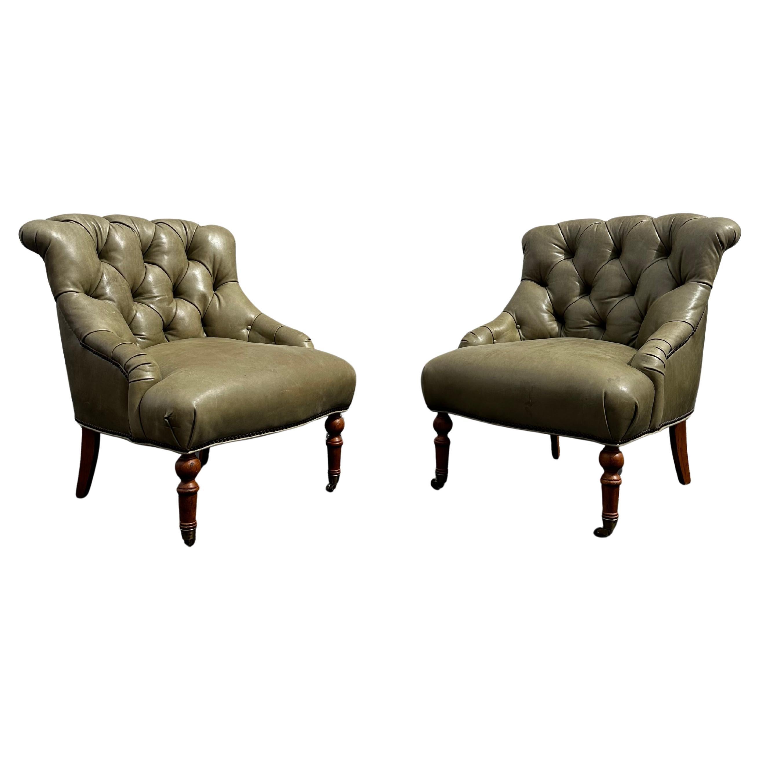 Pearson Green Tufted Leather Library Chairs on Castors, Set of 2 For Sale