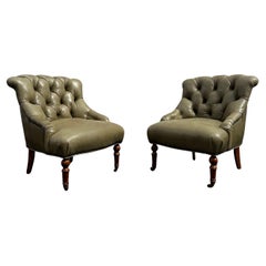 Pearson Green Tufted Leather Library Chairs on Castors, Set of 2