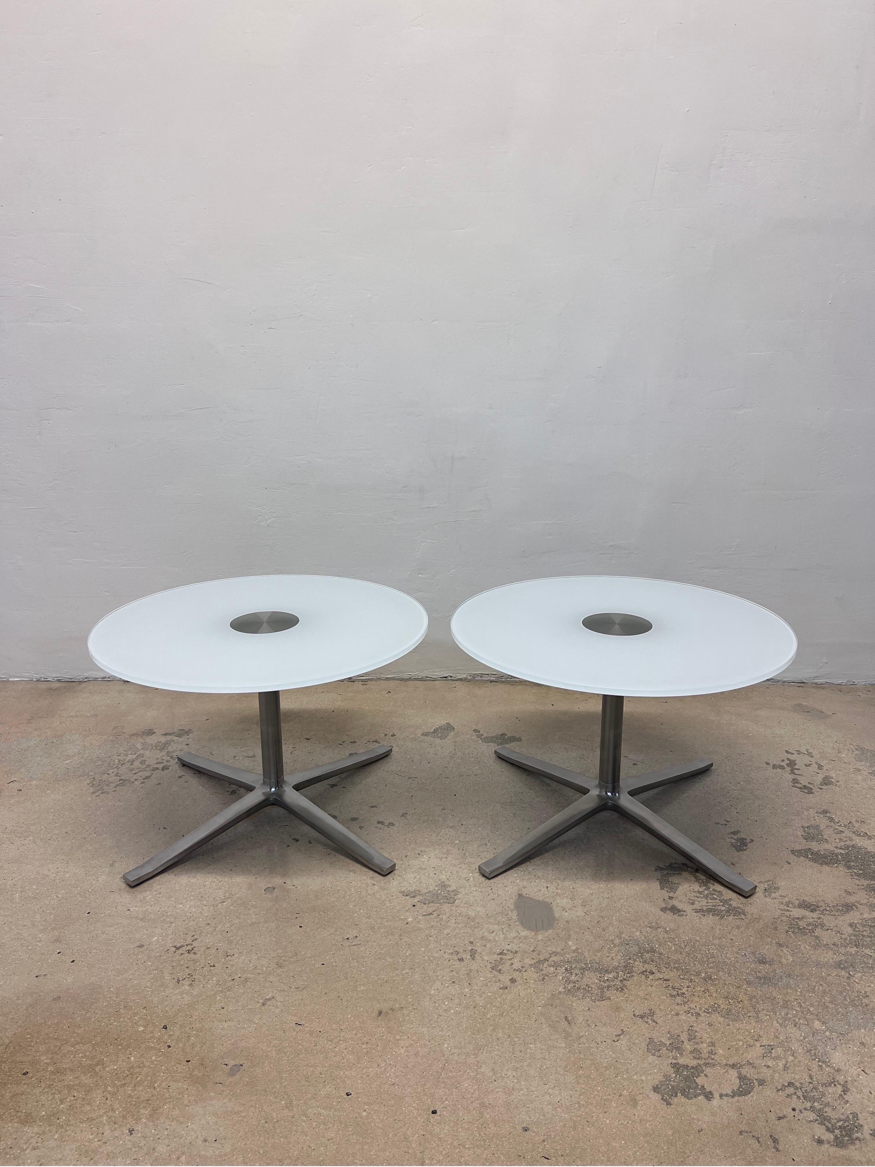 Pair of Bob's occasional tables with clear glass tops enameled white on the underside and supported by a polished aluminum frame. The Bob's collection is designed by Pearson Lloyd and manufactured by Coalesse.

Glass Dimensions:
24