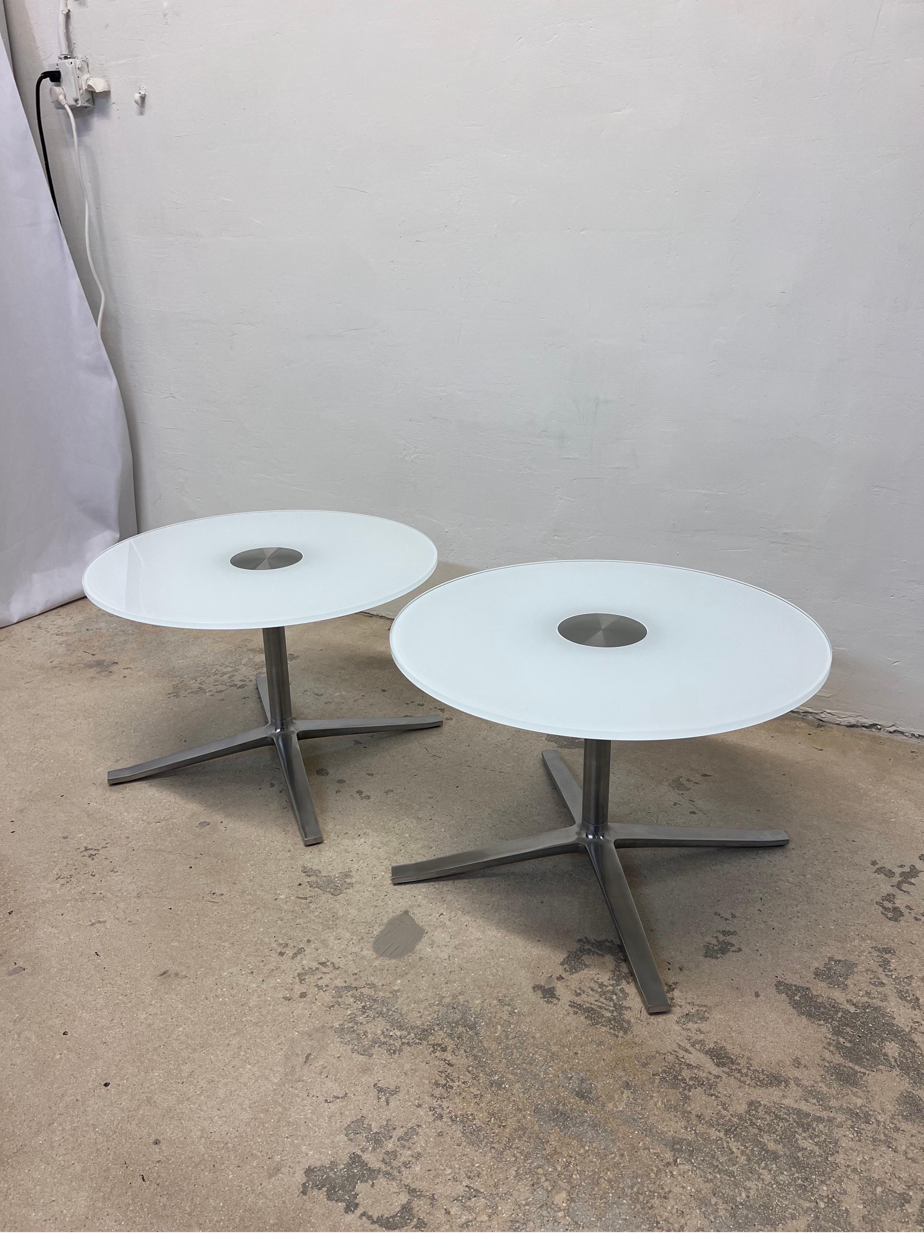 Modern Pearson Lloyd Bob's Side Tables With Round Glass Tops for Coalesse, a Pair For Sale