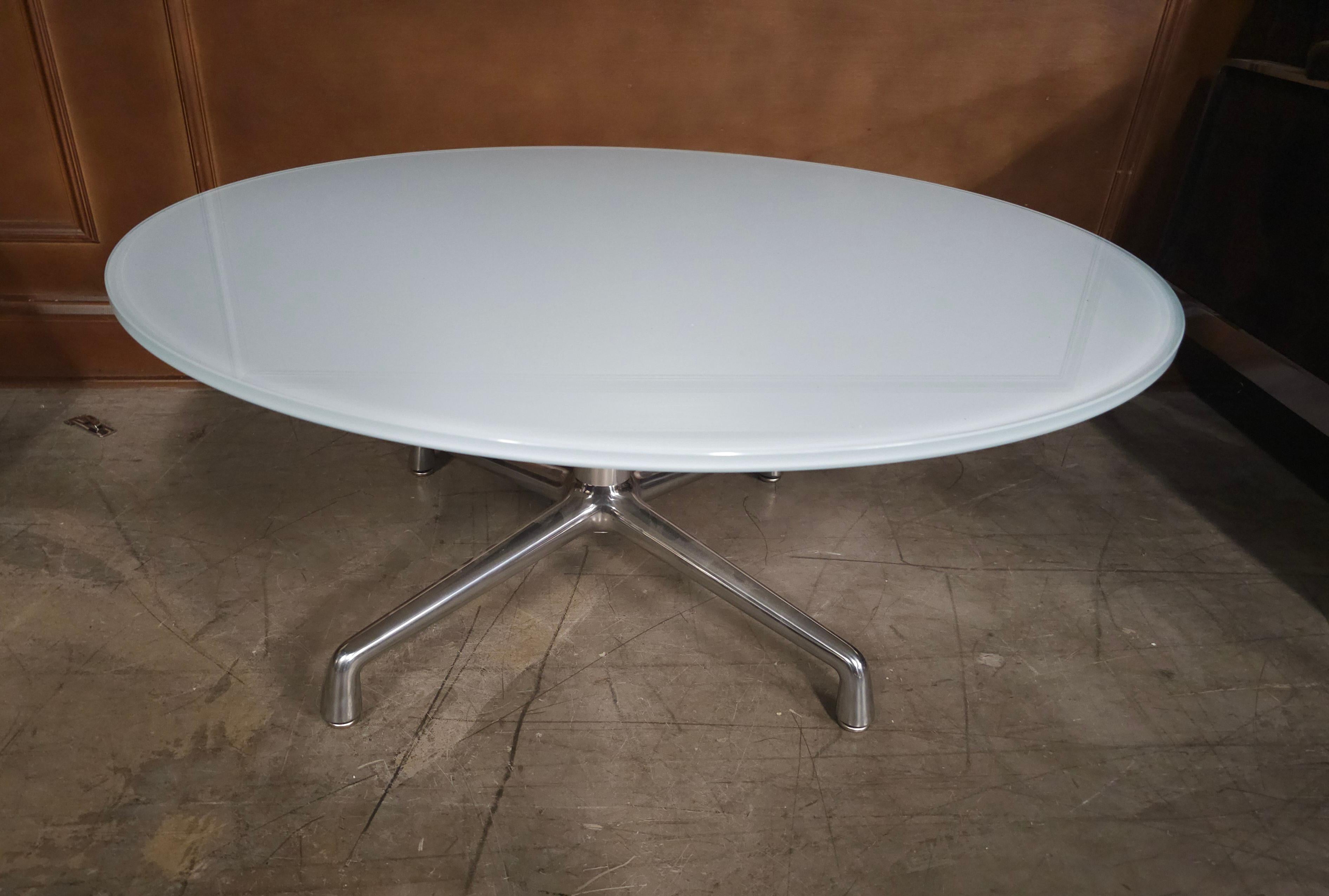 Pearson Lloyd for Coalesce Modernist Frosted Glass Top and Brushed Steel Coffee Table / cocktail table. 1/2