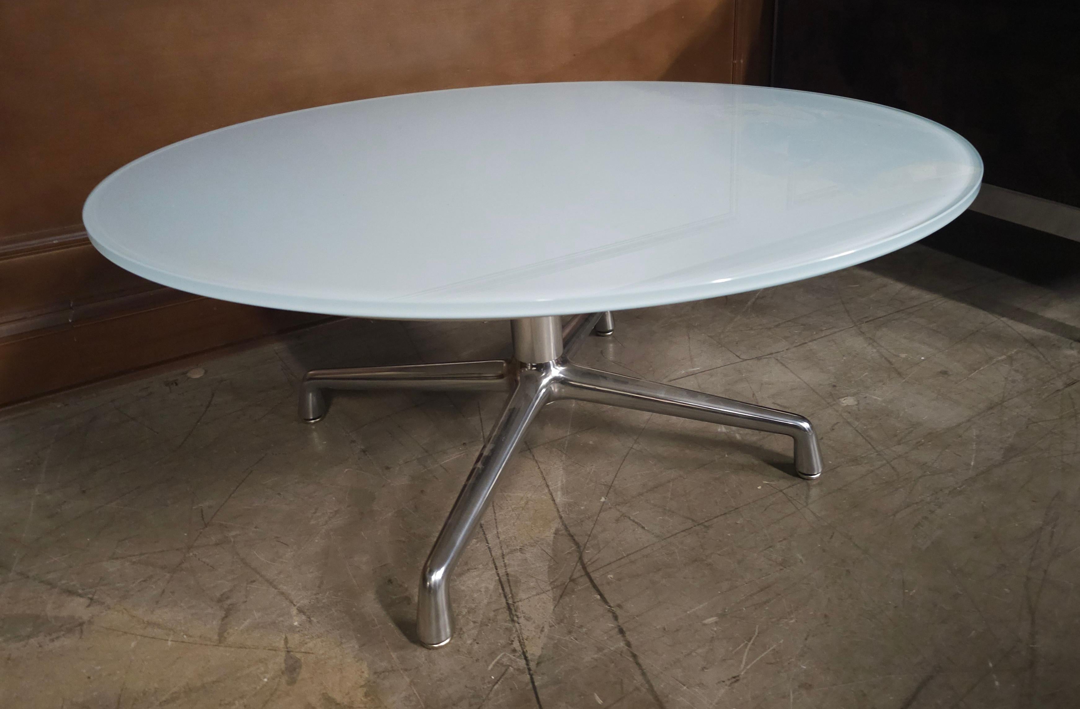 American Pearson Lloyd for Coalesce Modernist Frosted Glass Top and Steel Coffee Table For Sale