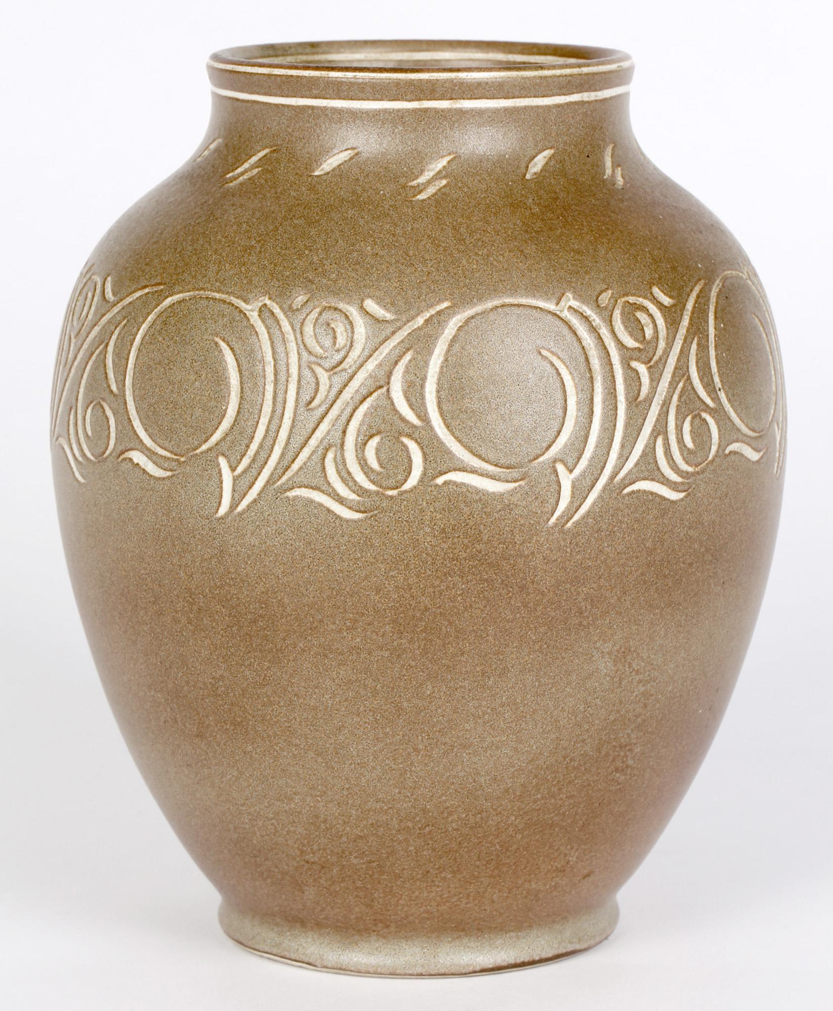 20th Century Pearsons of Chesterfield Mid-Century Incised Stoneware Art Vase For Sale