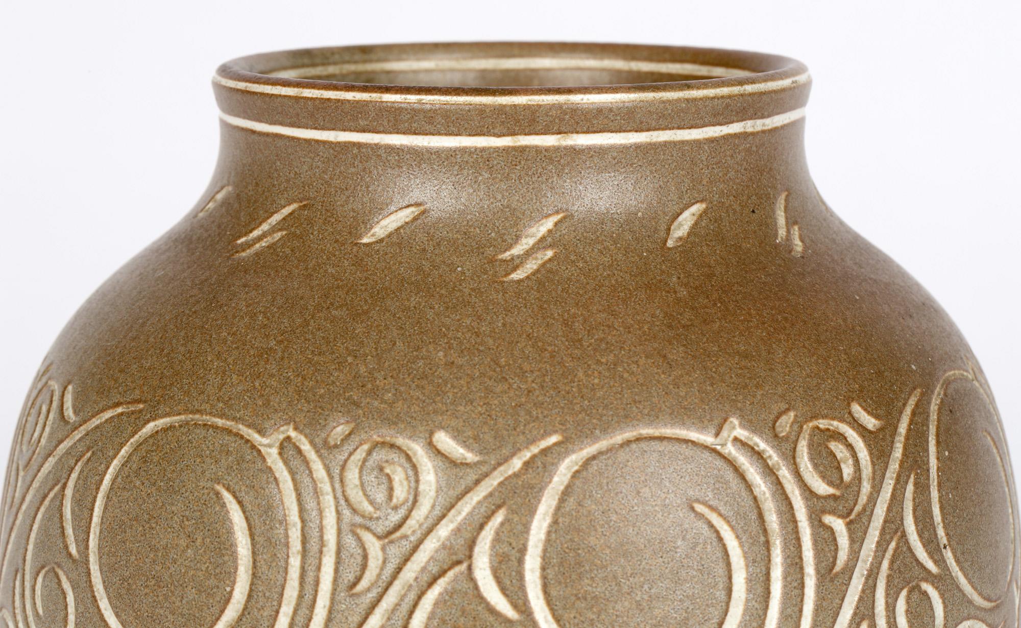Mid-Century Modern Pearsons of Chesterfield Mid-Century Incised Stoneware Art Vase For Sale