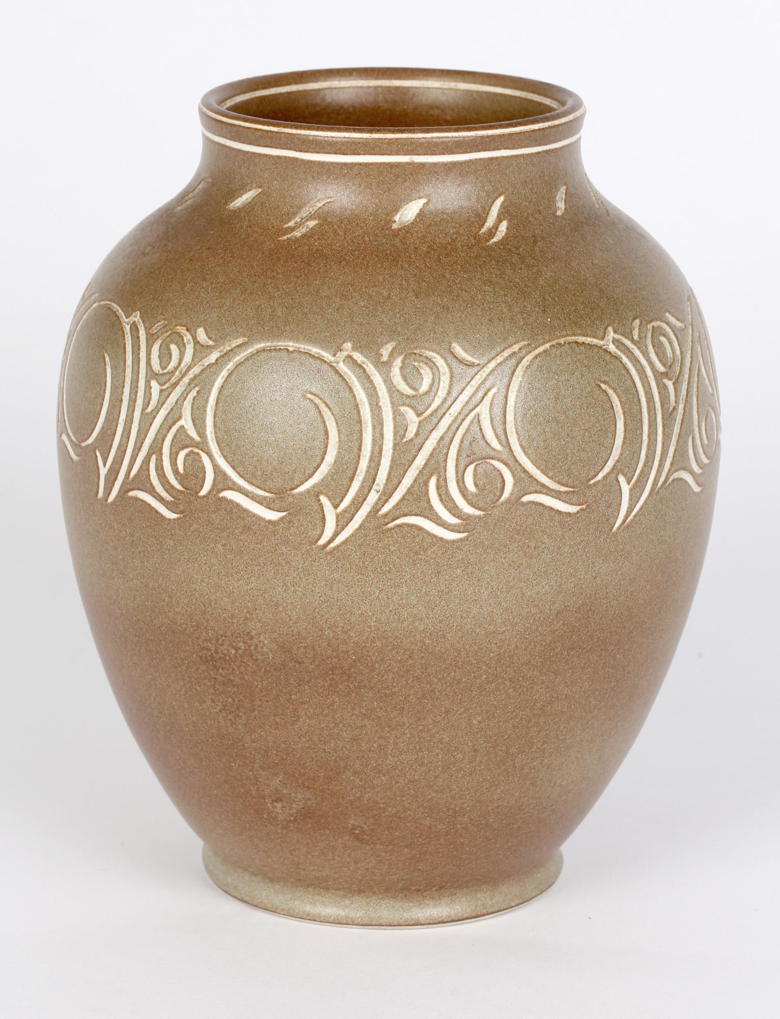 Hand-Crafted Pearsons of Chesterfield Mid-Century Incised Stoneware Art Vase For Sale
