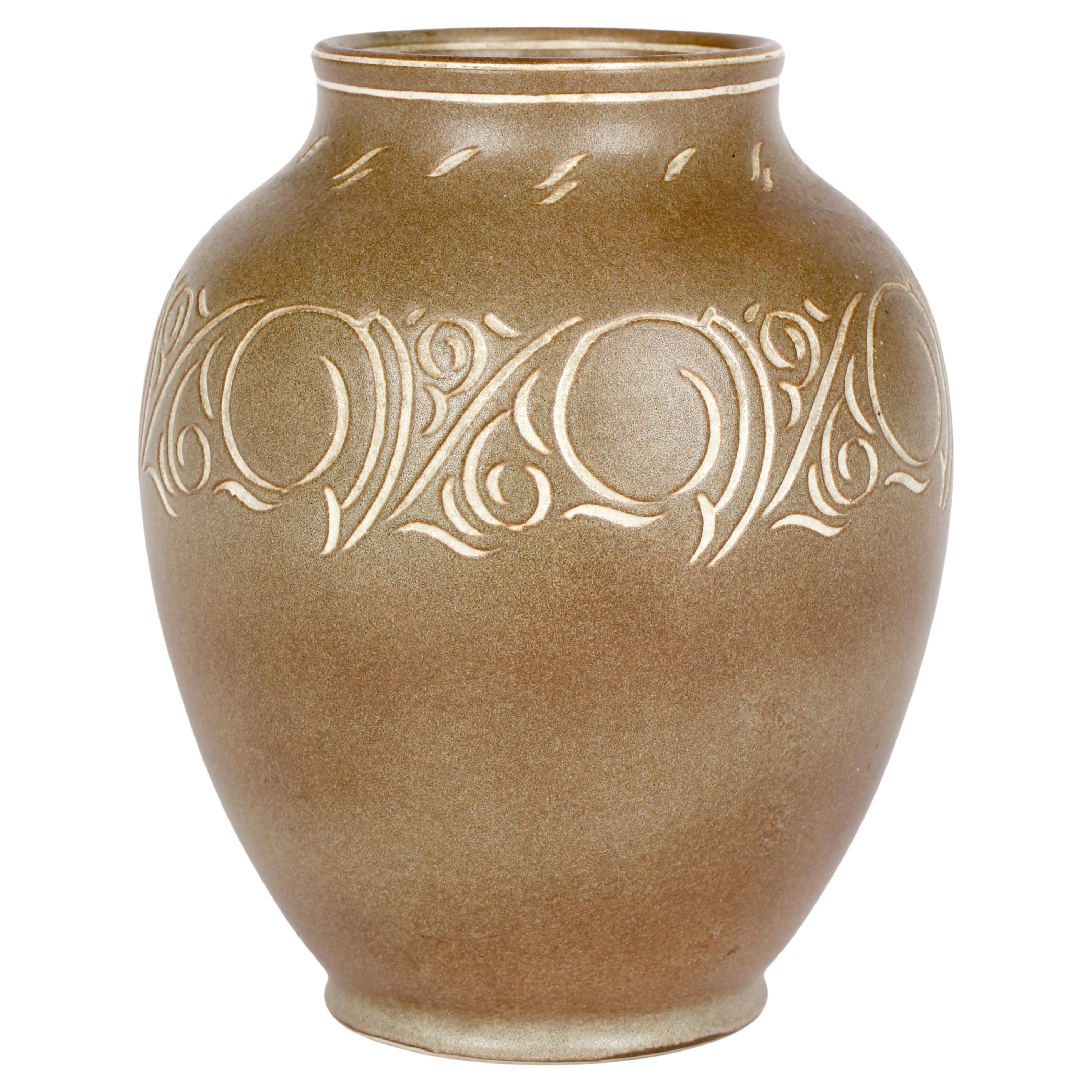 Pearsons of Chesterfield Mid-Century Incised Stoneware Art Vase For Sale
