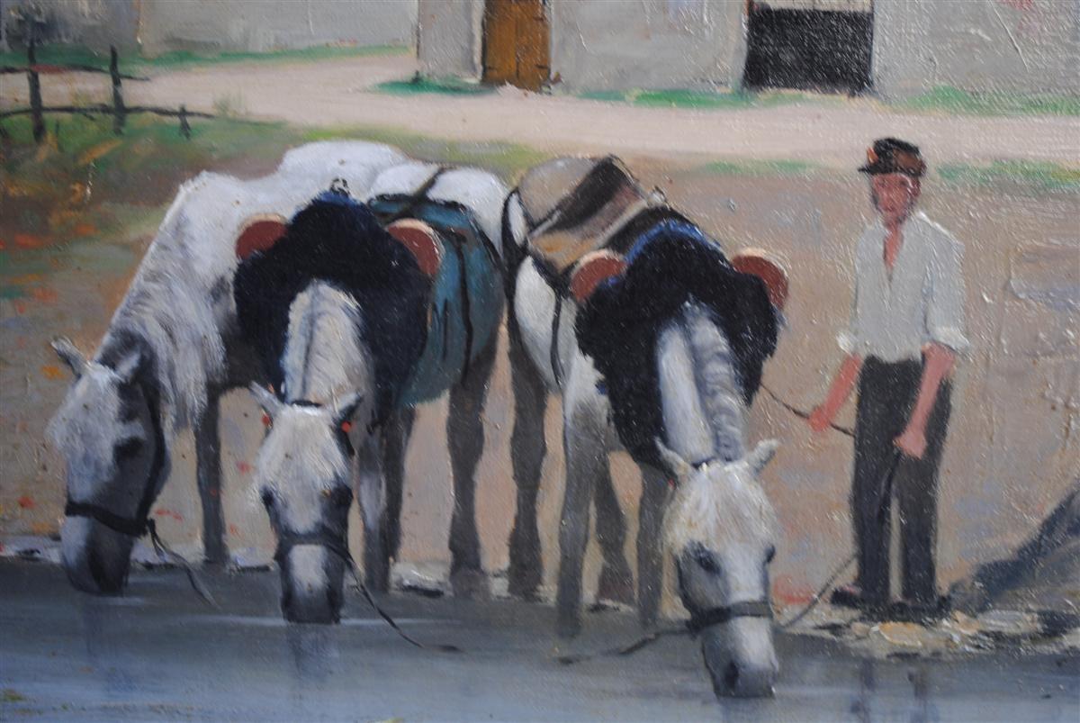 Peinture à l'huile sur toile représentant un paysan et un cheval en train de boire, par Etienne Bouille. Né en 1858 à Villiers-Saint-Benoît, mort en 1933 à Perros-Guirec, Étienne Bouillé est un peintre réaliste français. À Paris, il suit les