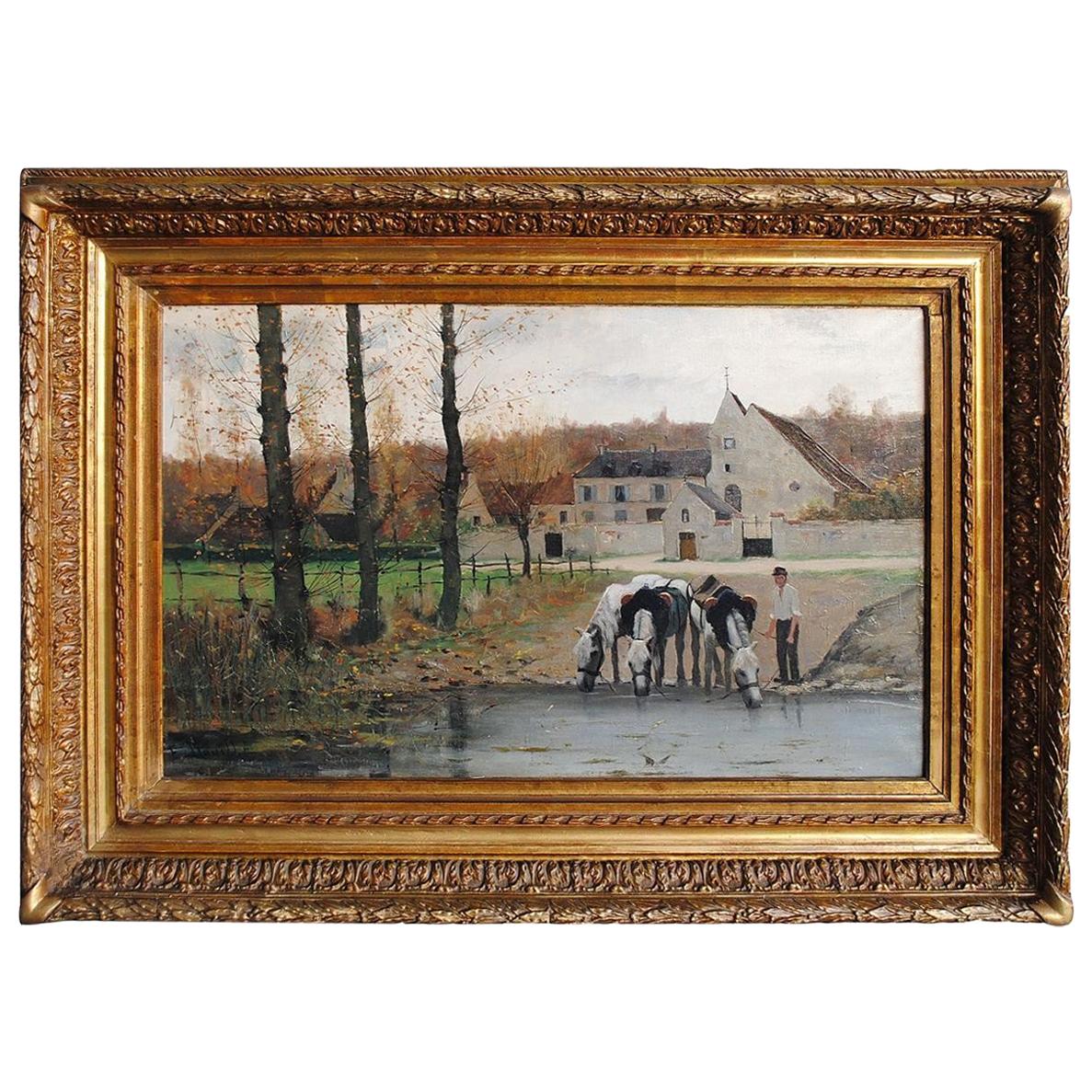 Huile sur toile "Paysan au cheval buveur" d'Etienne Bouillé