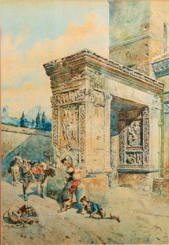 "Peasant Woman and Boy Watching Baby" Watercolor