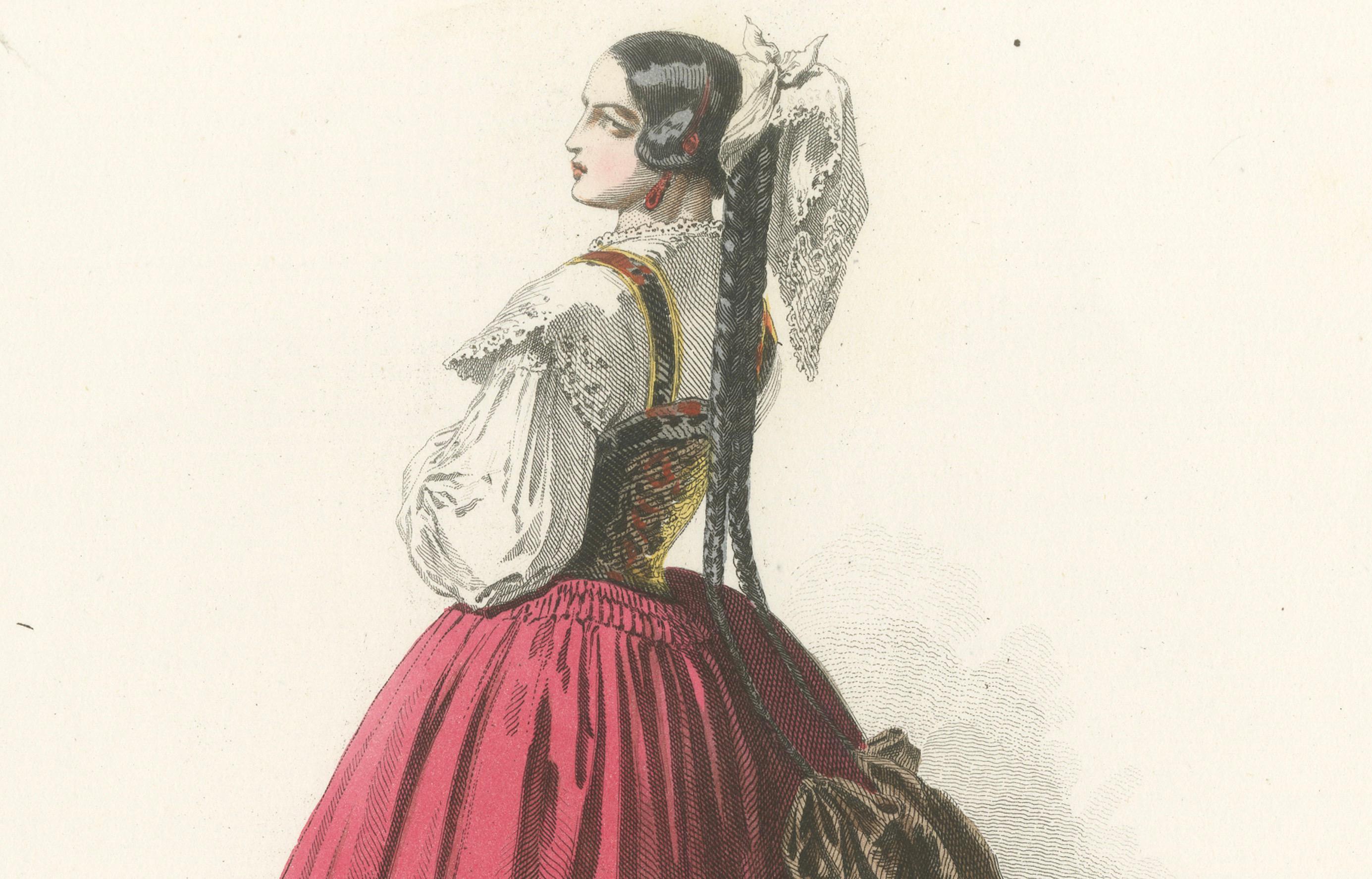 Bäuerin aus dem Umland von Madrid - Handkolorierte Lithographie, um 1845 (Französisch) im Angebot