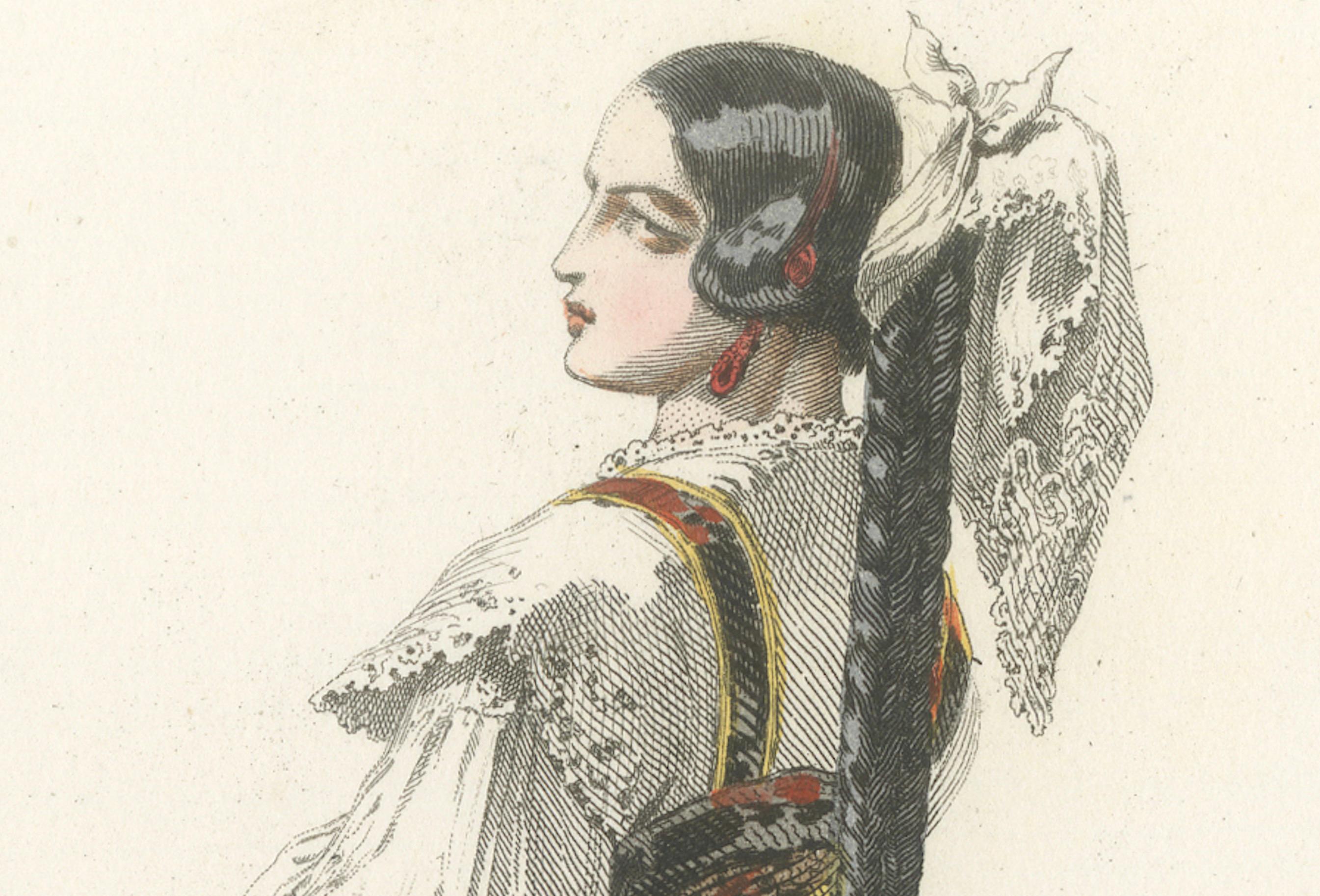 Bäuerin aus dem Umland von Madrid - Handkolorierte Lithographie, um 1845 (19. Jahrhundert) im Angebot