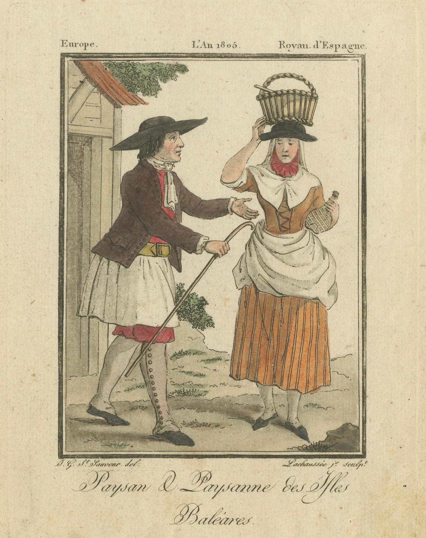Die Bauern der Balearen - Handkolorierter Kupferstich von Lachaussée nach G. St. Samson, 1805

Beschreibung:
Dieser schöne handkolorierte Kupferstich aus dem Jahr 1805 zeigt ein Bauernpaar von den Balearen, die zum Königreich Spanien gehörten, und