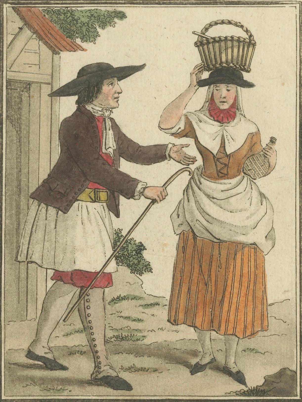 Die Bauern der Balearen - Handkolorierter Kupferstich von Lachaussée, 1805 (Französisch) im Angebot
