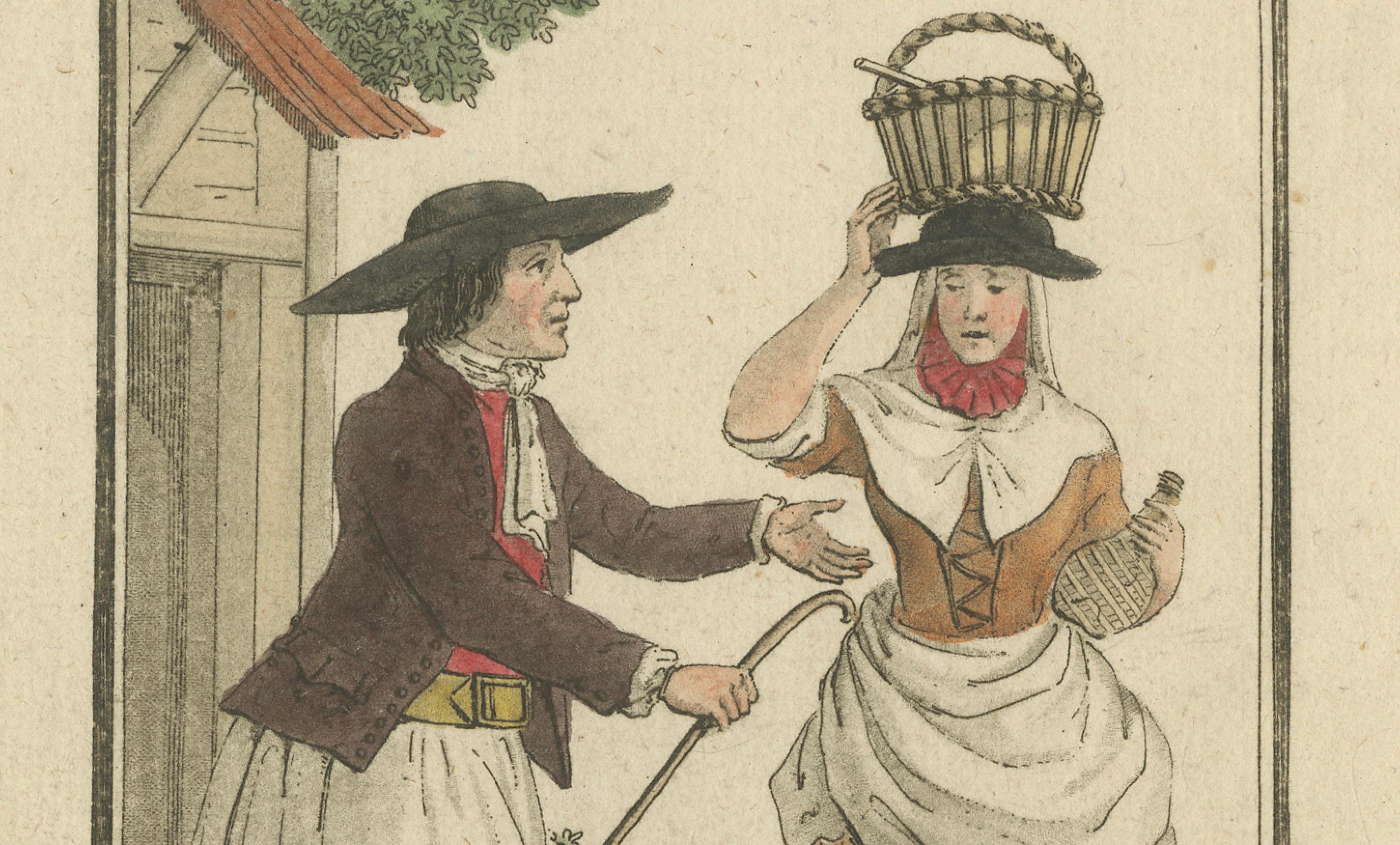 Die Bauern der Balearen - Handkolorierter Kupferstich von Lachaussée, 1805 im Zustand „Gut“ im Angebot in Langweer, NL
