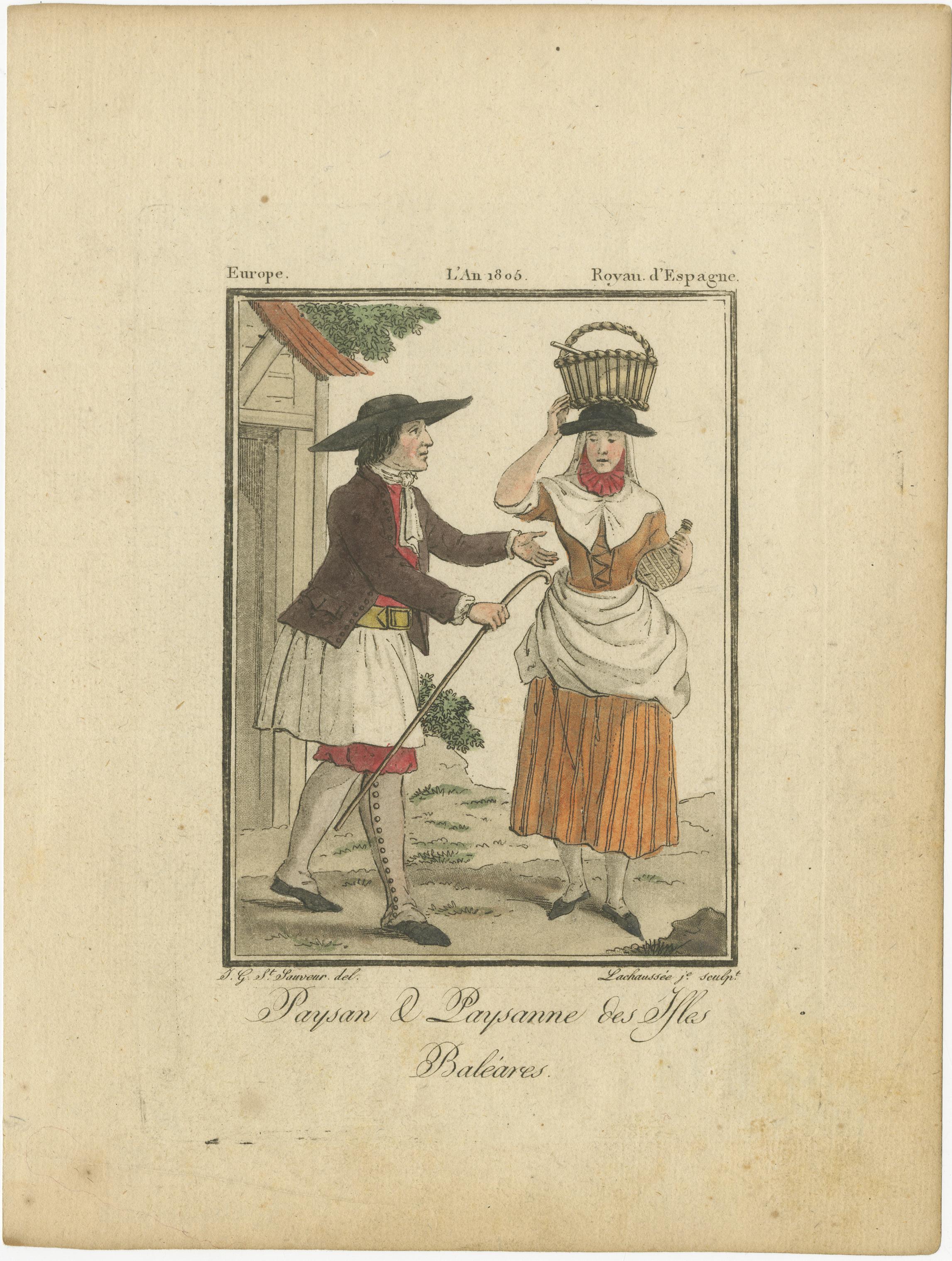 Die Bauern der Balearen - Handkolorierter Kupferstich von Lachaussée, 1805 (Papier) im Angebot