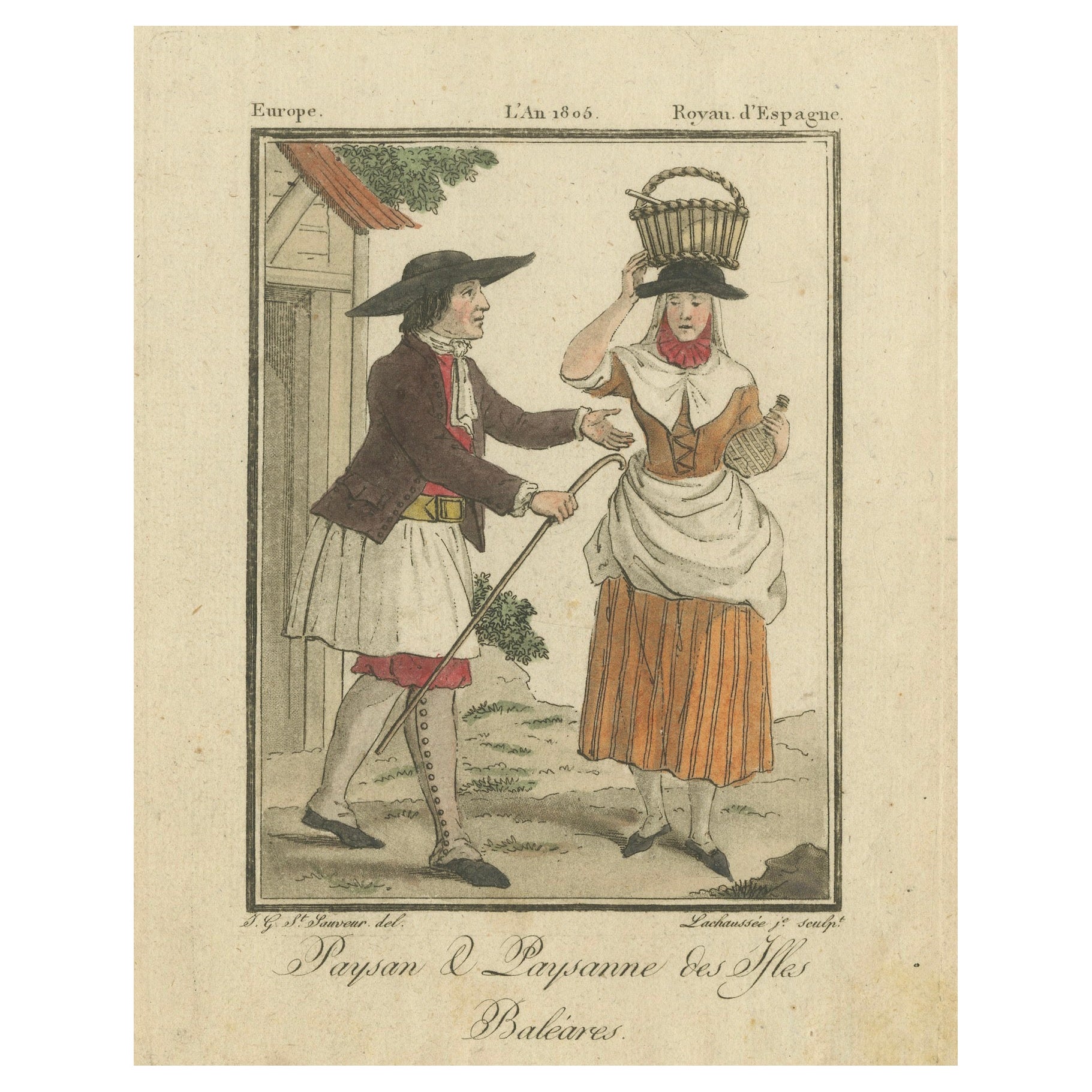 Die Bauern der Balearen - Handkolorierter Kupferstich von Lachaussée, 1805 im Angebot
