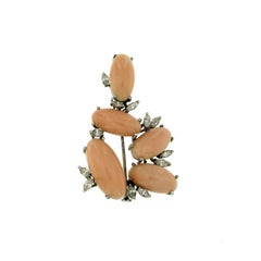 Peau D'ange Coral Diamond Gold Flower Shape Brooch