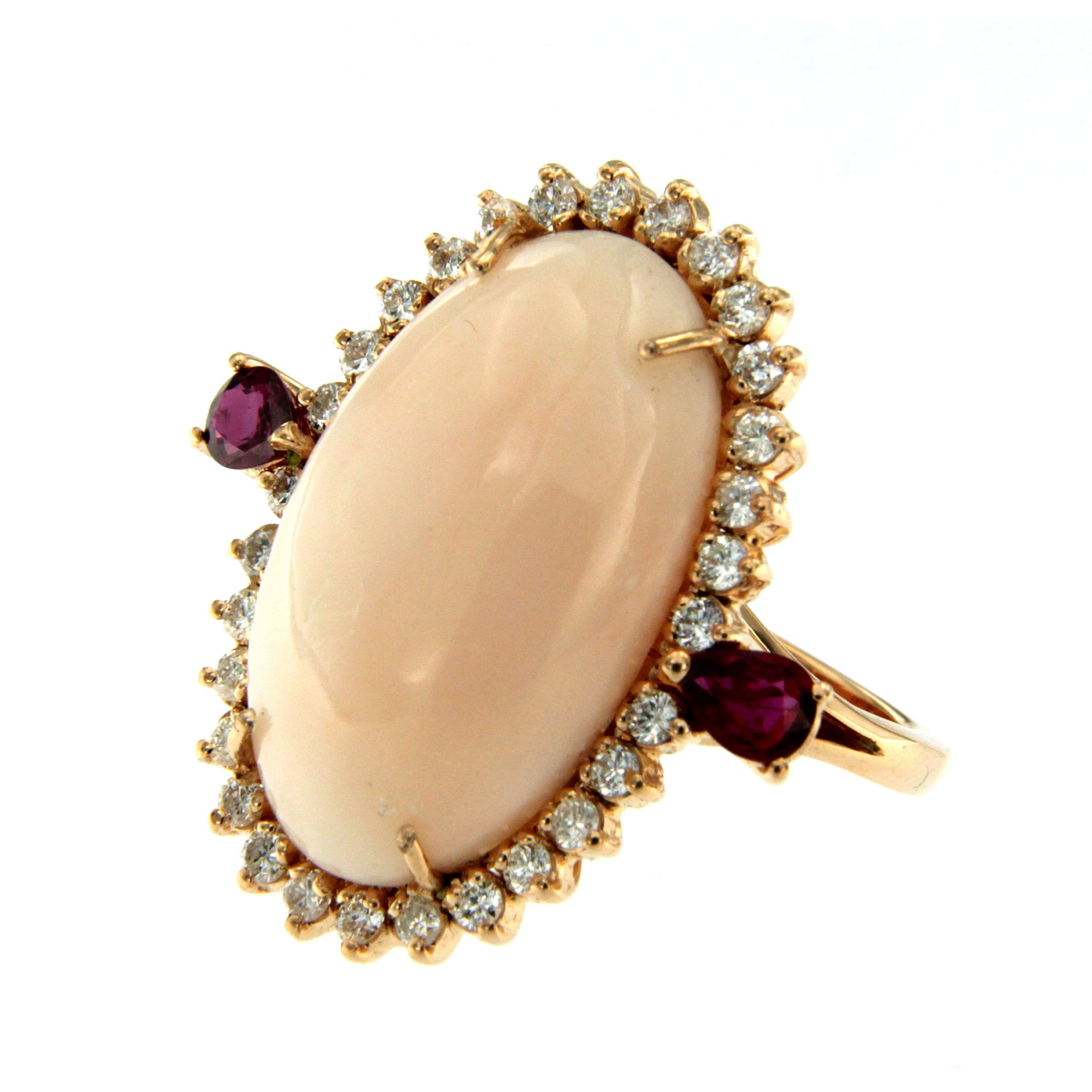 Mixed Cut Peau D'ange Coral Diamond Ruby Gold Cocktail Ring
