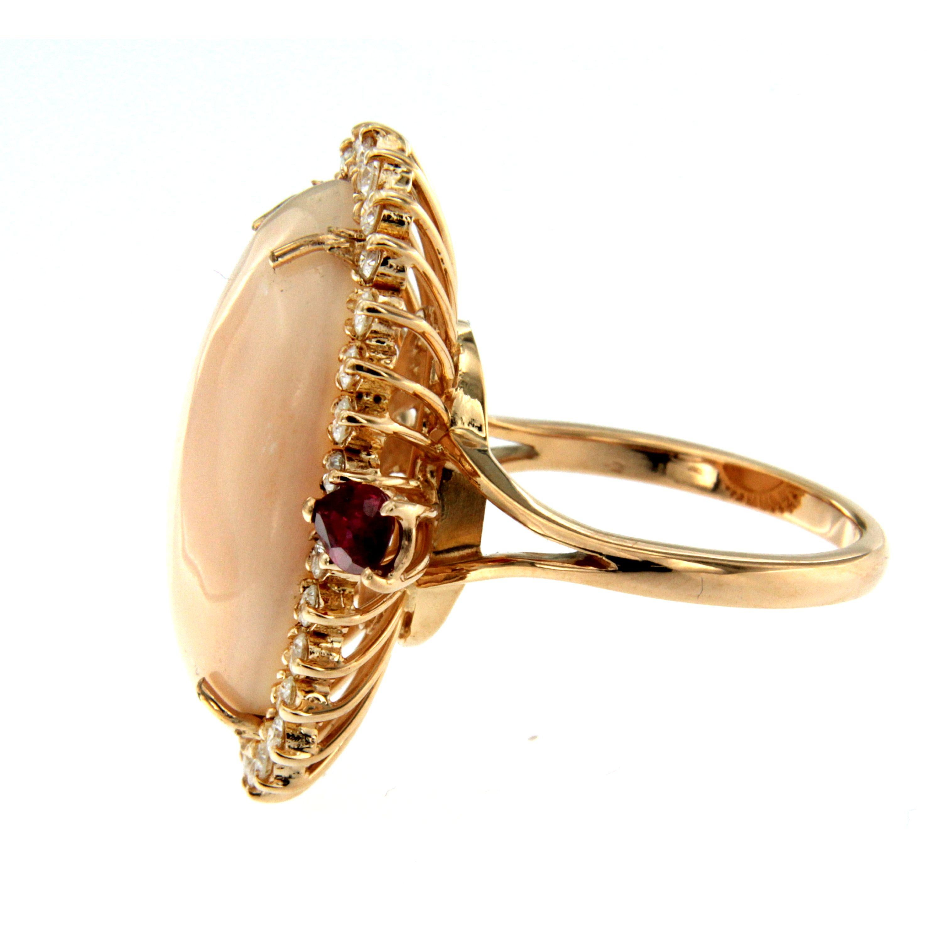 Peau D'ange Coral Diamond Ruby Gold Cocktail Ring In Excellent Condition In Napoli, Italy
