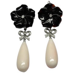 Peau d'Ange Coral Onyx 0.62 Round Cut White Diamond White Gold 18 Karat Earrings