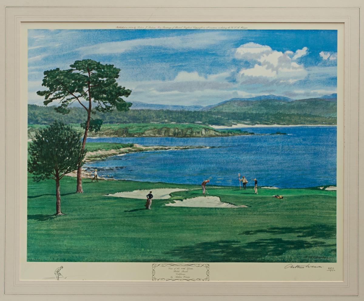 18th Green, Pebble Beach
A fine golf print after Arthur Weaver; View of the 18th Green, Pebble Beach California. The print is a limited edition, this is No. 320 of 750. Published 1974 by Robert Perham, signed in pencil by the artist with hand drawn