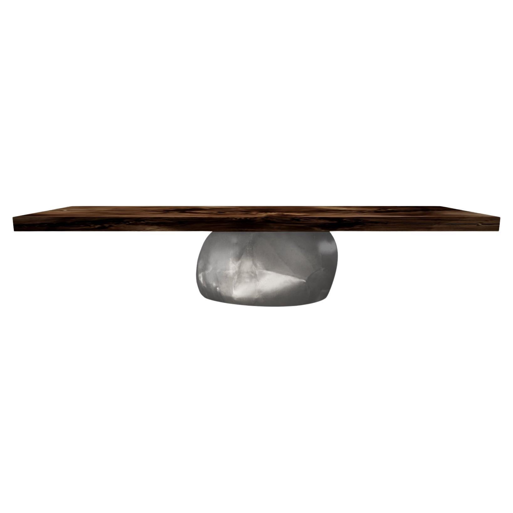 Contemporary Pebble Dining Table with Polished Aluminum Base and Veneer